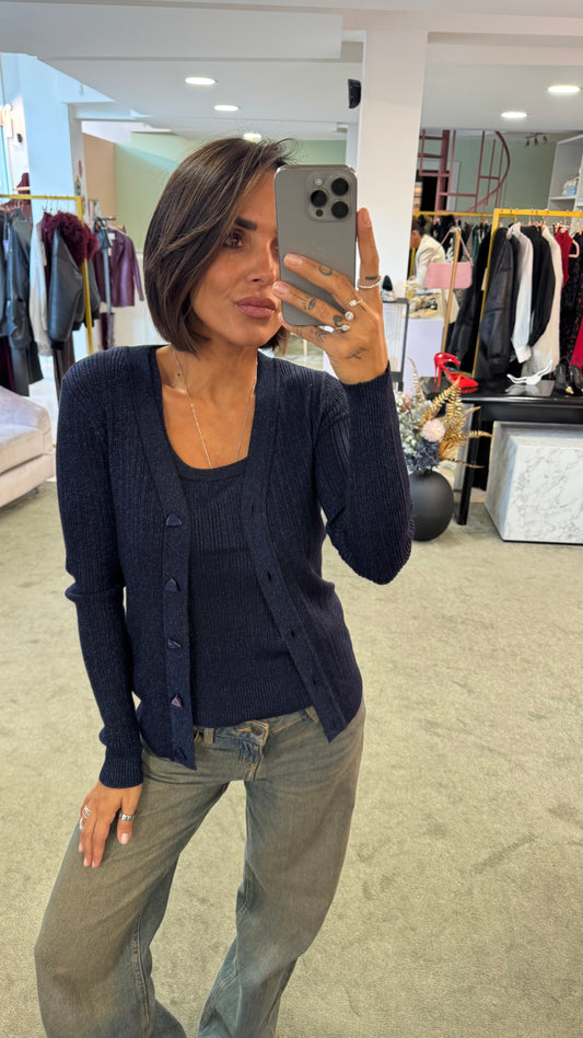 Set canotta e cardigan blu notte lurex a costine bj