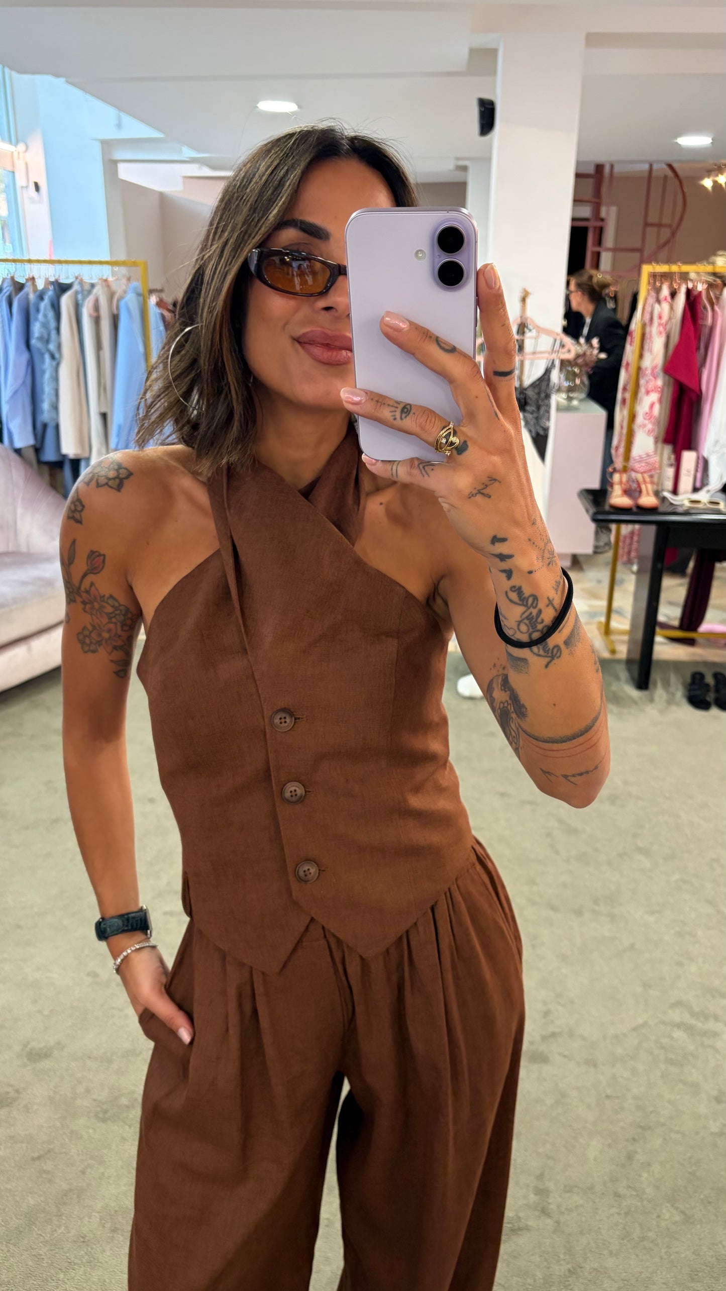 Gilet tabacco incrociato in lino Hinnominate