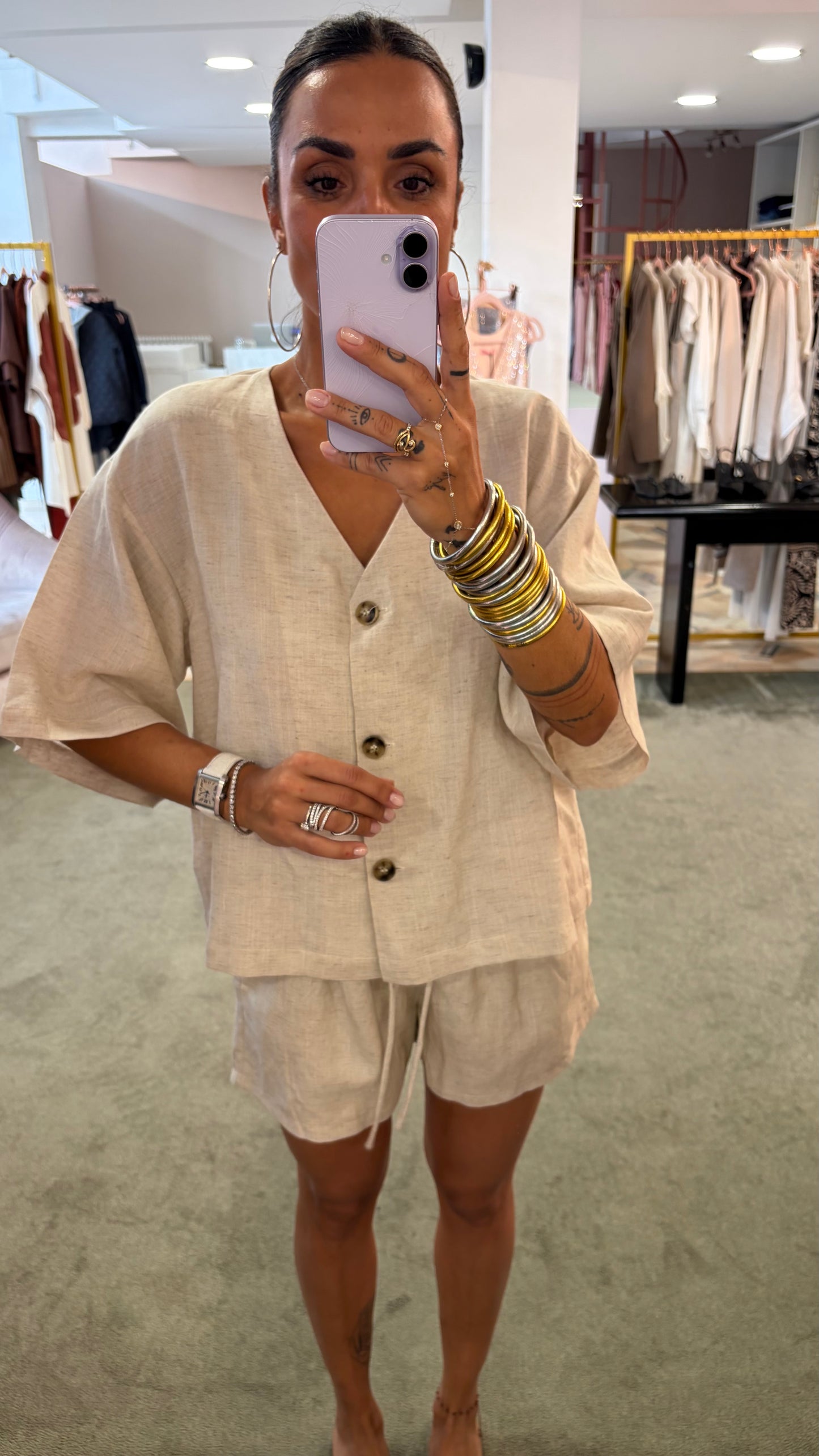 Camicia ecrù mélange in misto lino manica corta gl