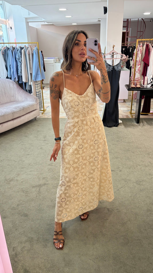 Abito midi beige macramè fr
