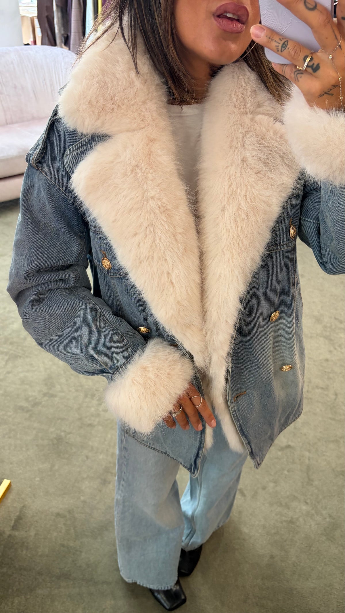 Giacca in denim con ecopelliccia panna fr