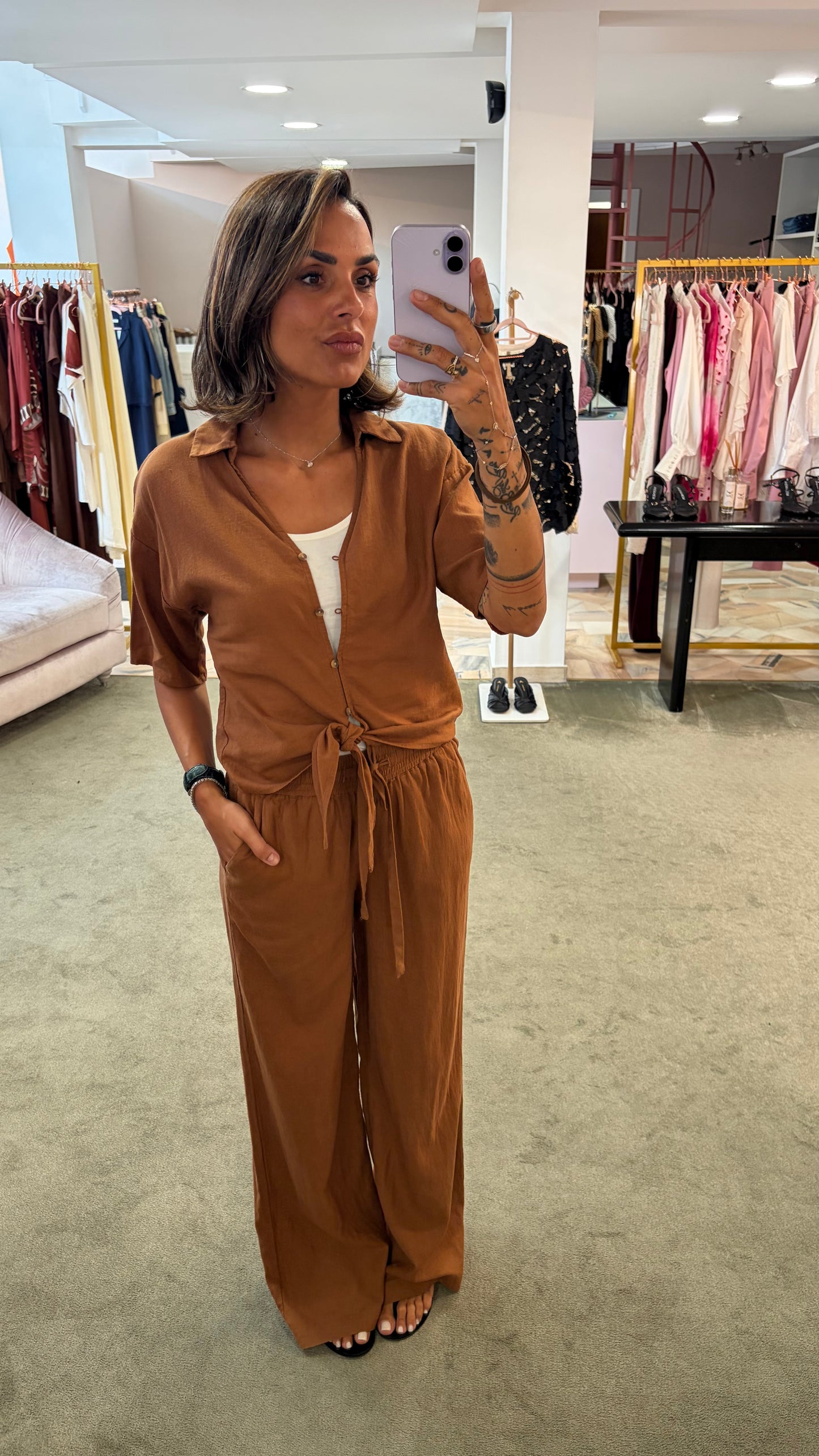 Pantaloni mattone in lino con elastico e coulisse in vita sy