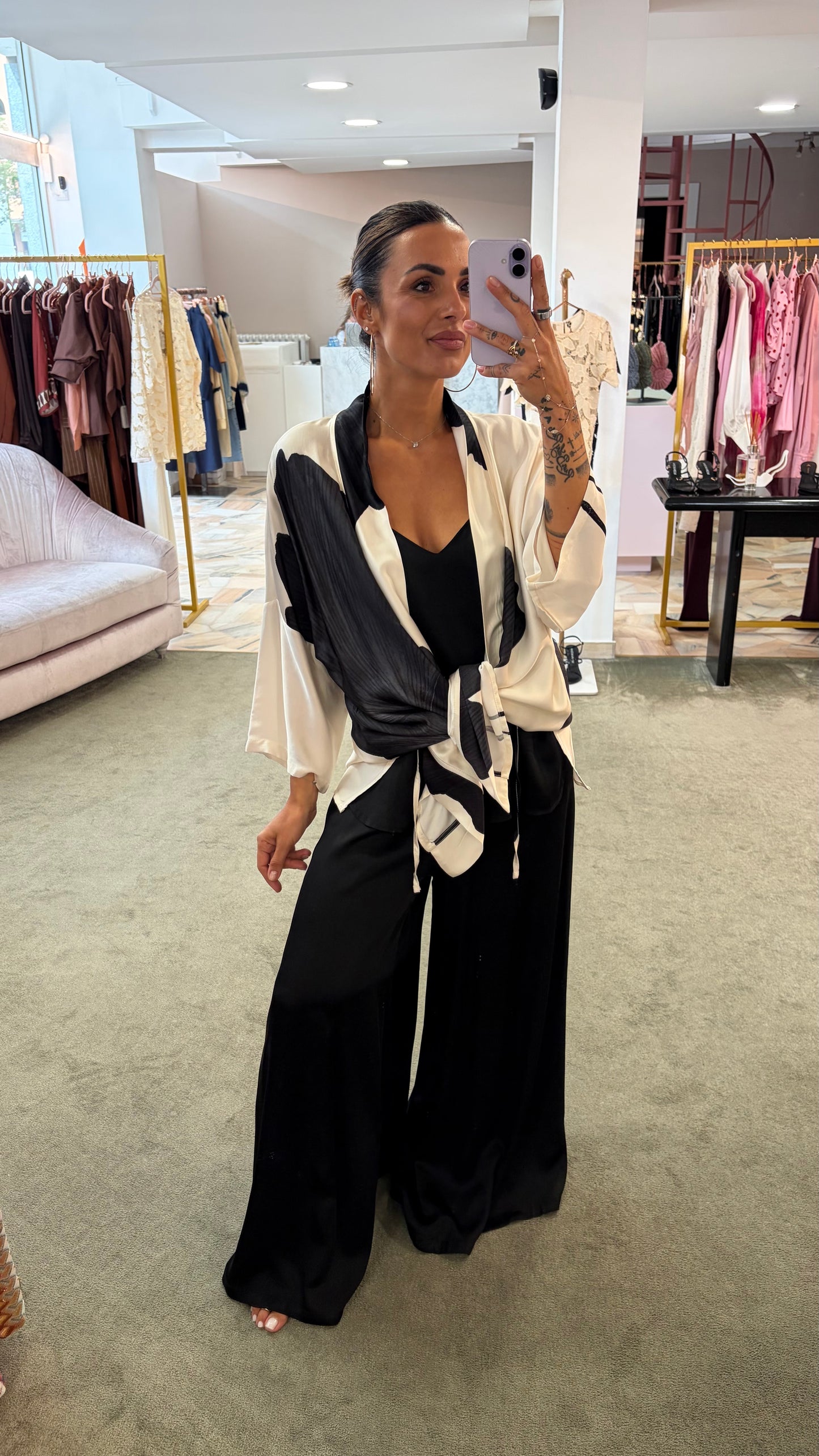 Kimono panna fantasia foglie nere ay