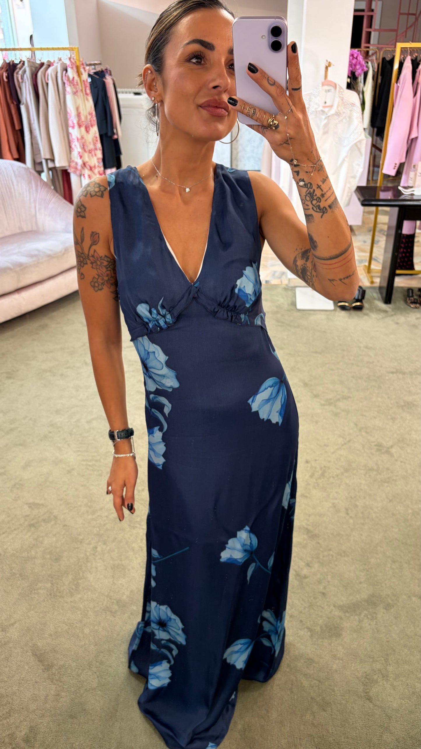 Abito ines lungo MAR DE MARGARITAS blu con fiori azzurri