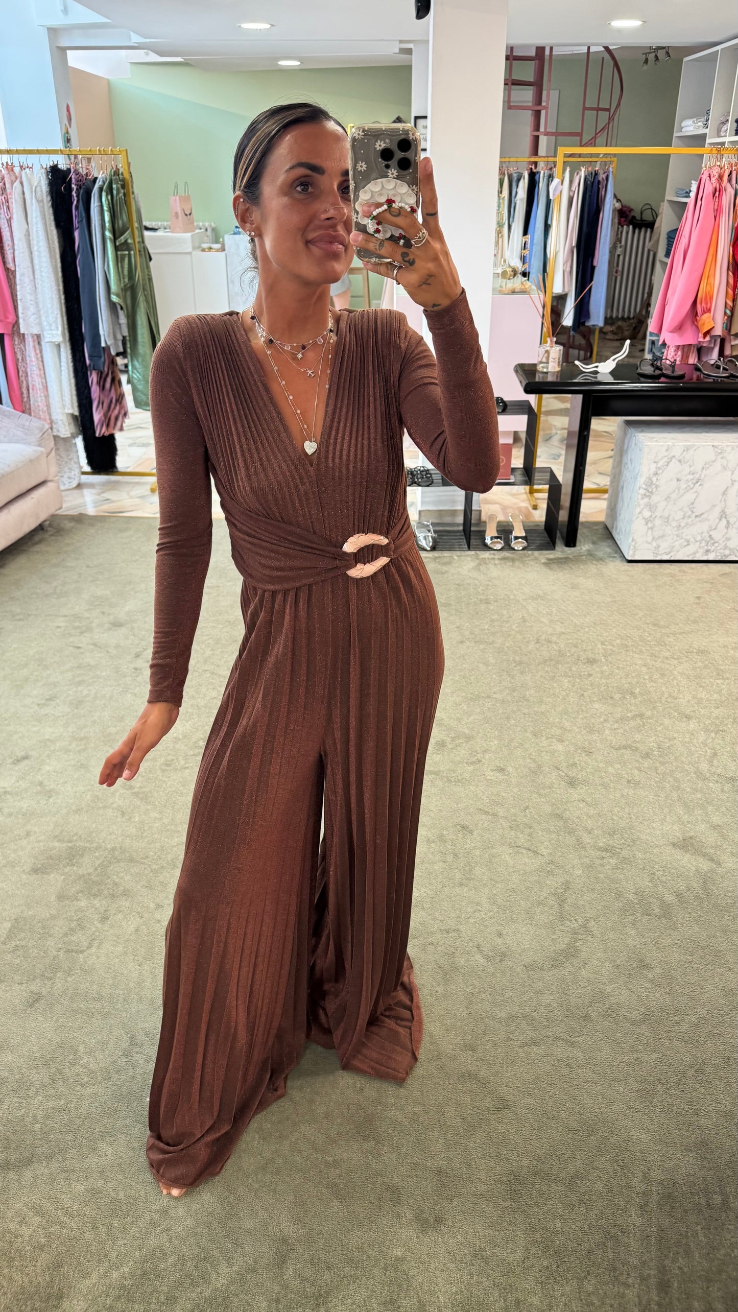 Jumpsuit marrone lurex plisse’ in maglia  fr