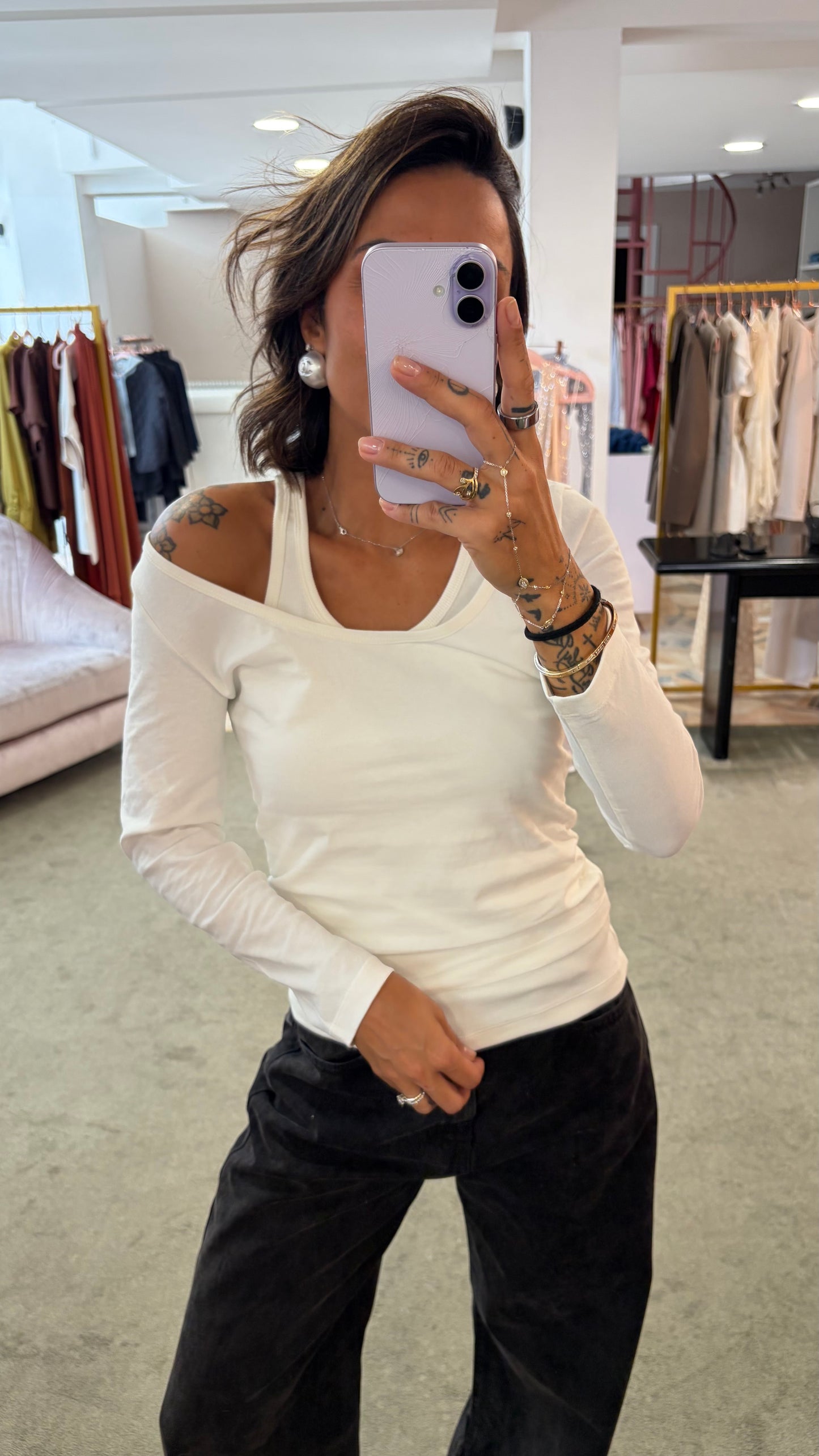 T-shirt bianca manica lunga con canotta incorporata Icon Denim