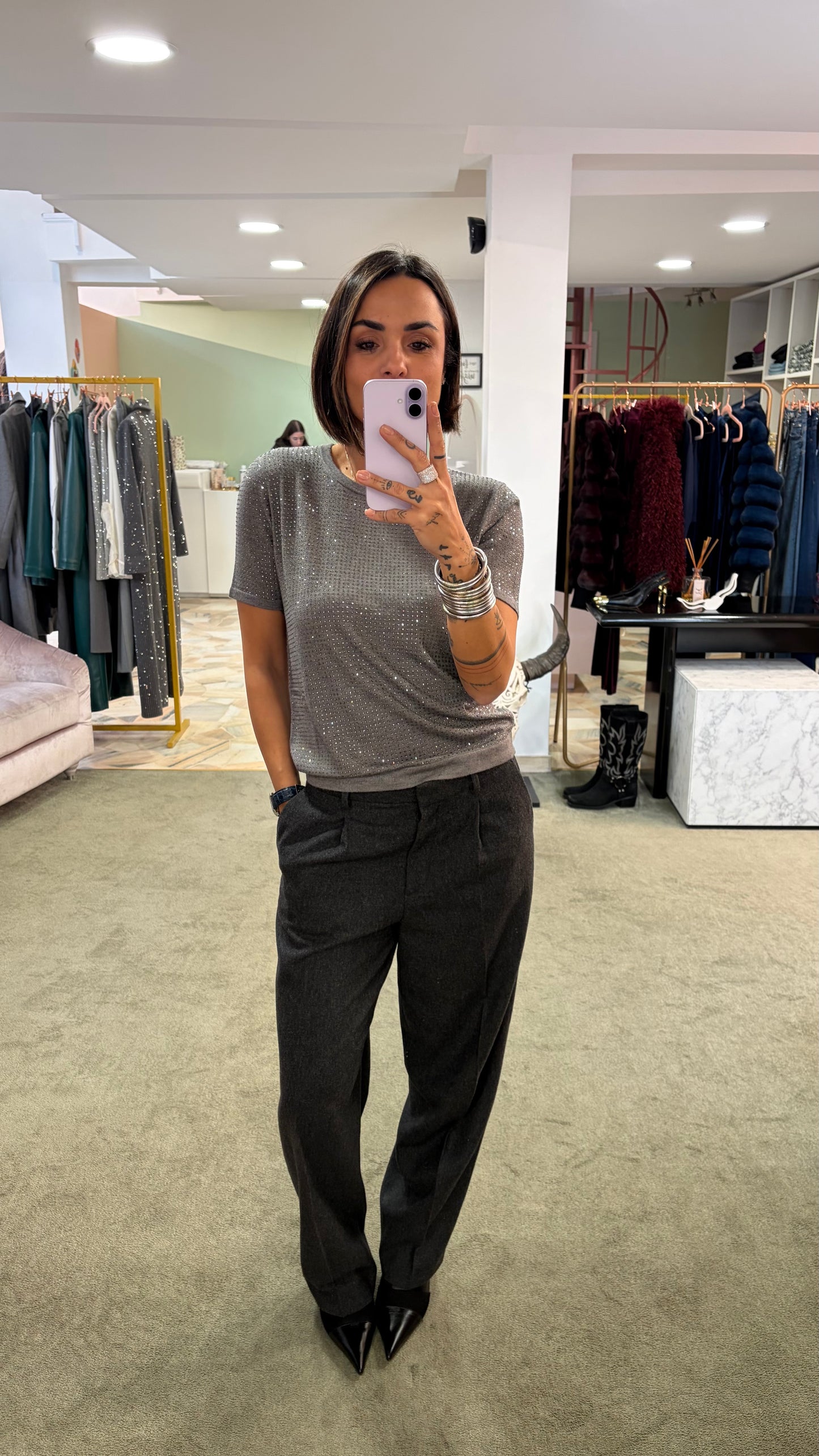 Maglia t-shirt grigia manica corta con cristalli fr