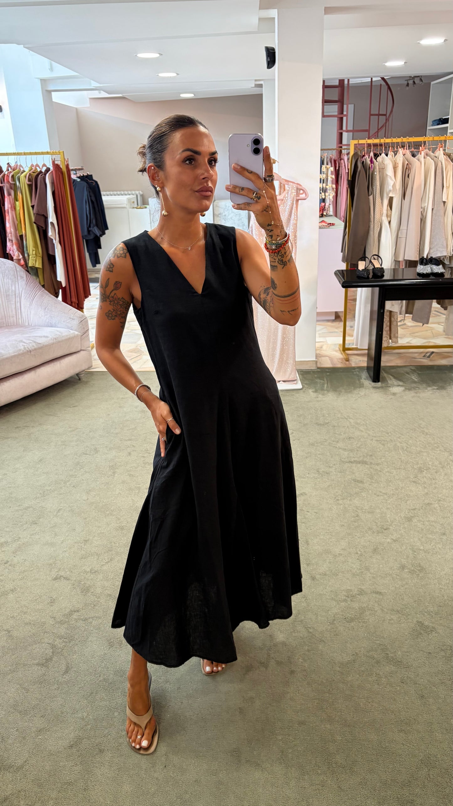 Abito midi nero scollo a v misto lino sl