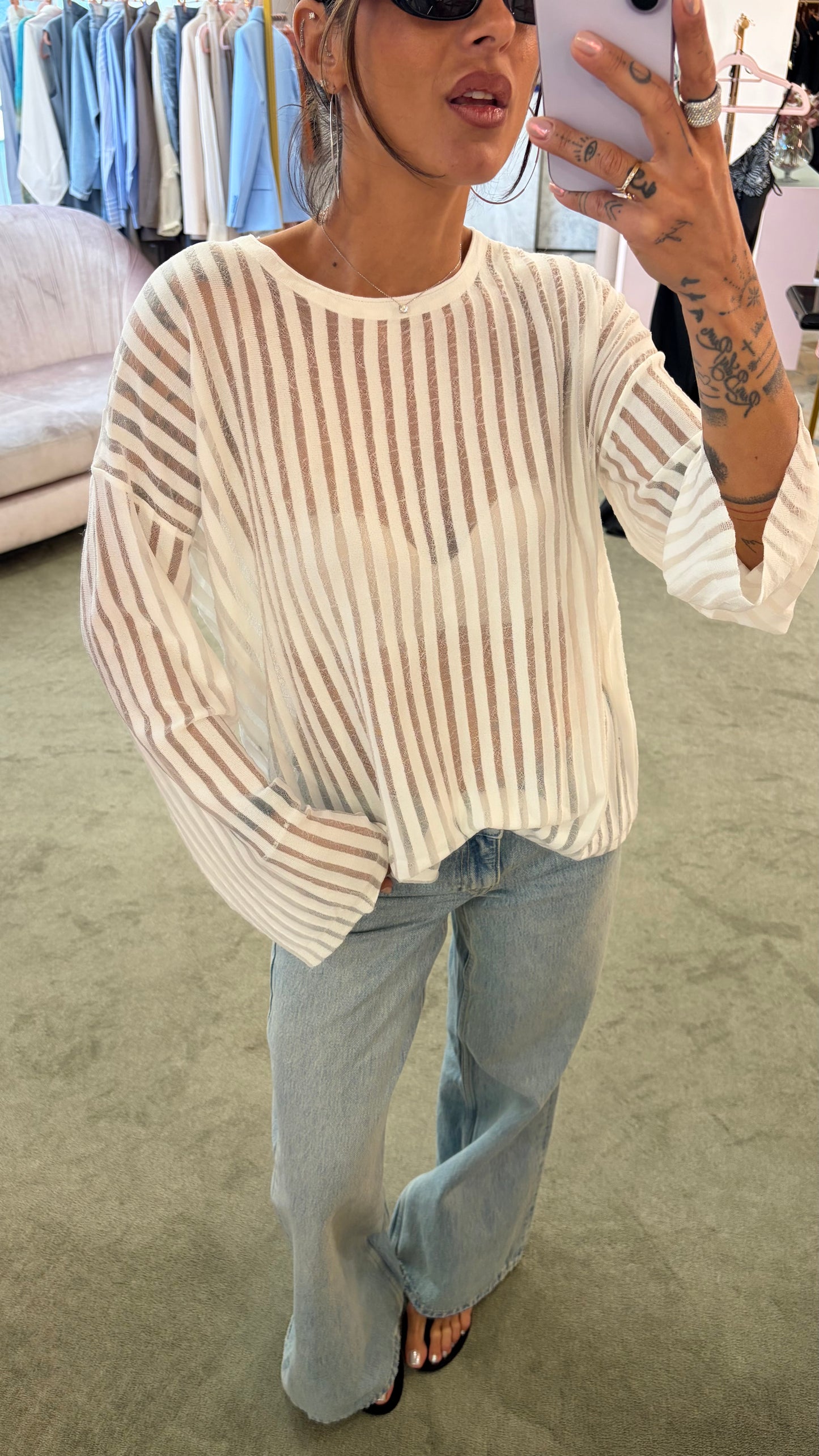 Maglia bianca maniche lunghe a righe trasparente bj
