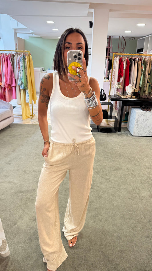 Pantaloni beige melange in lino con coulisse jx