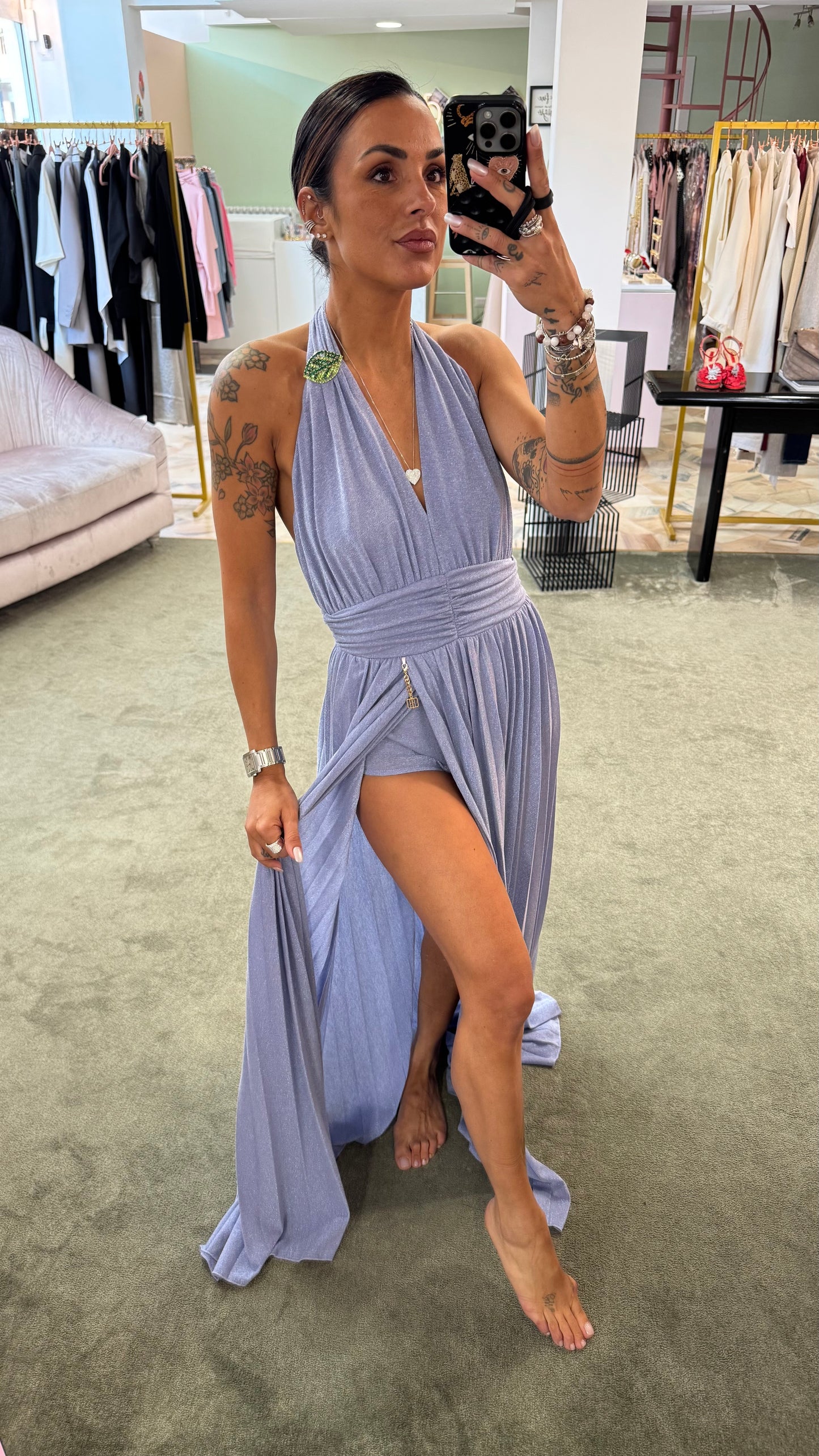Abito lungo lavanda in maglia lurex plissettato con body fr