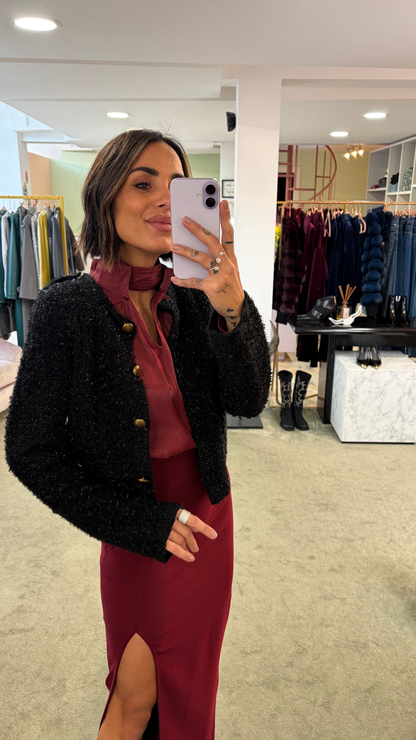 Maglione giacchetta nero in lurex con bottoni oro gl