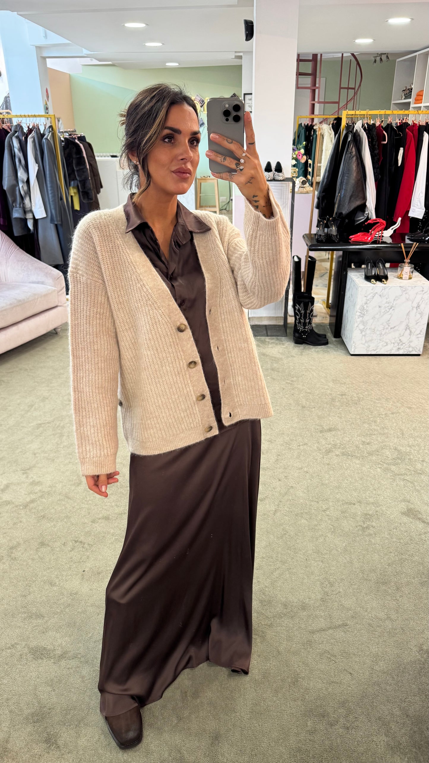 Cardigan over beige melange maglia inglese sl