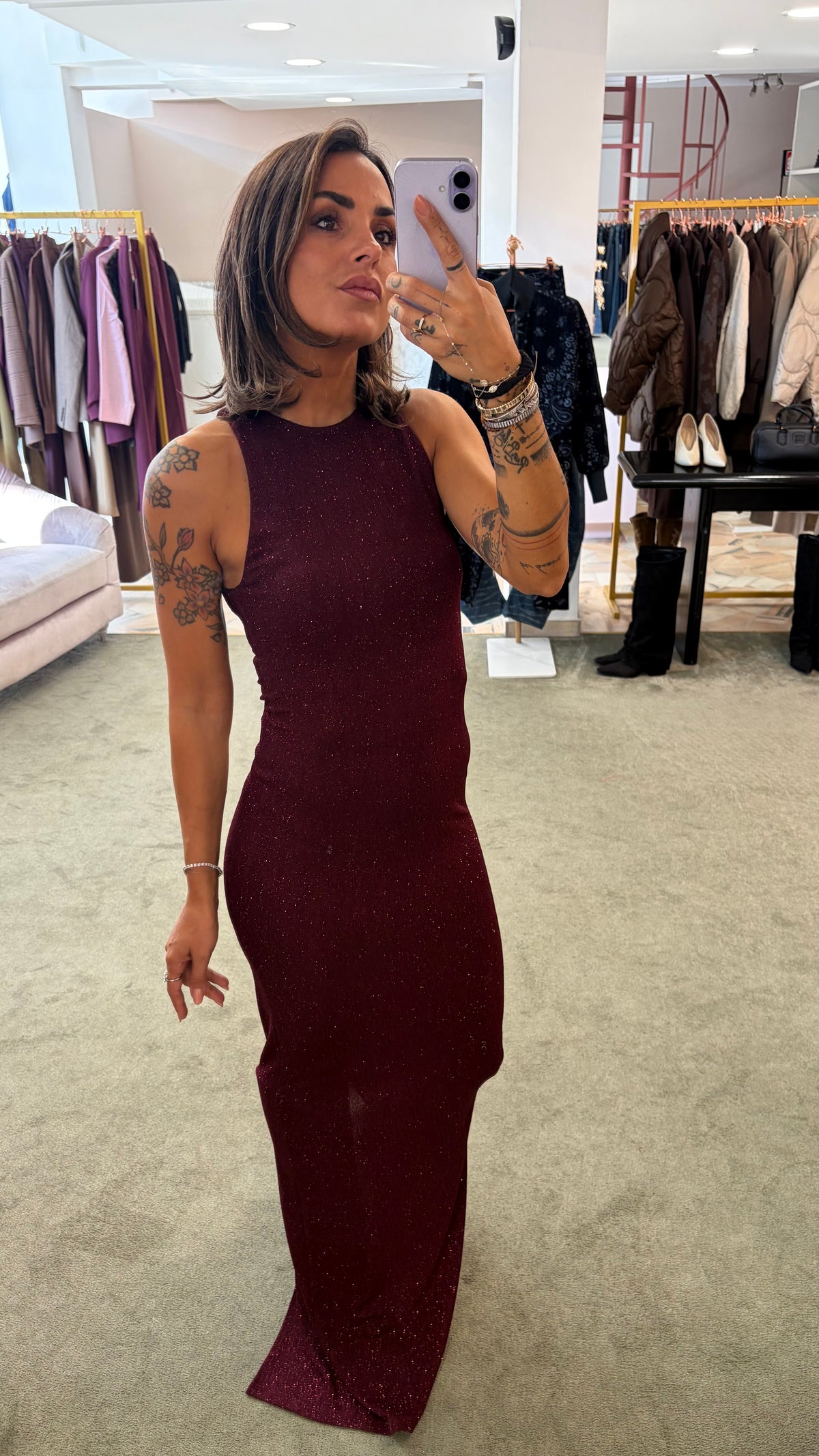 Abito lungo bordeaux lurex scollo all'americana ks