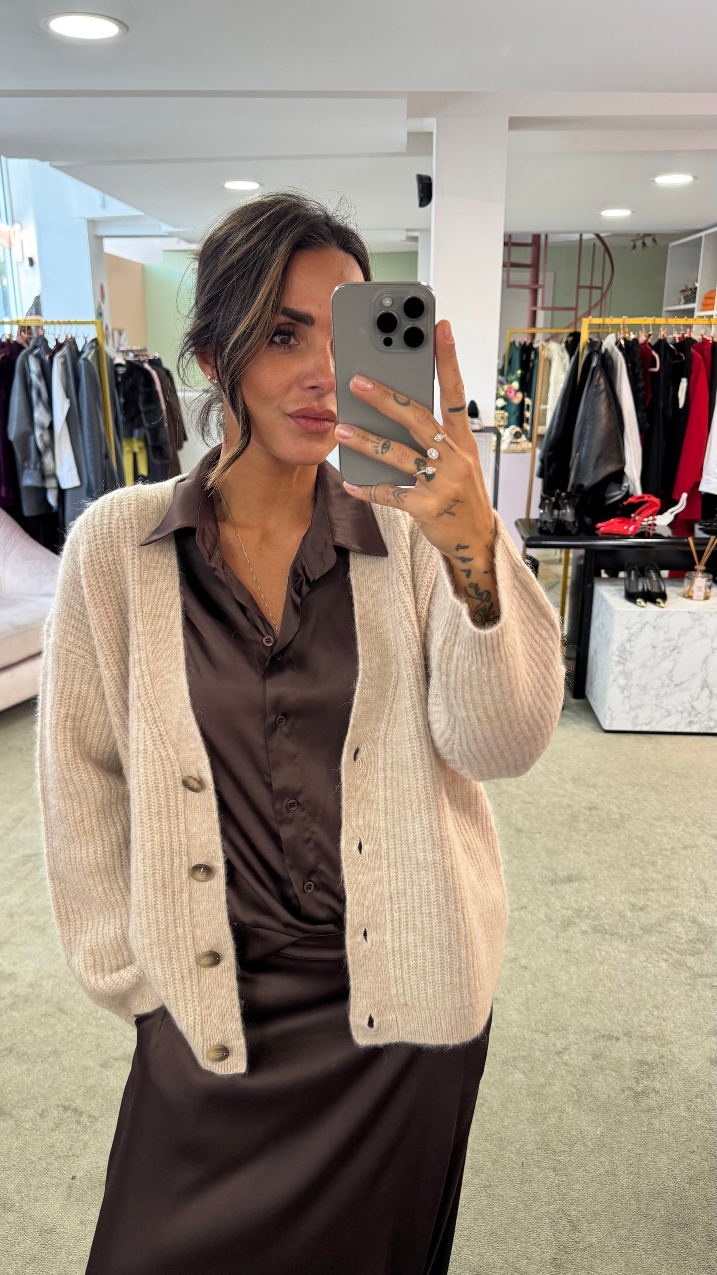 Cardigan over beige melange maglia inglese sl