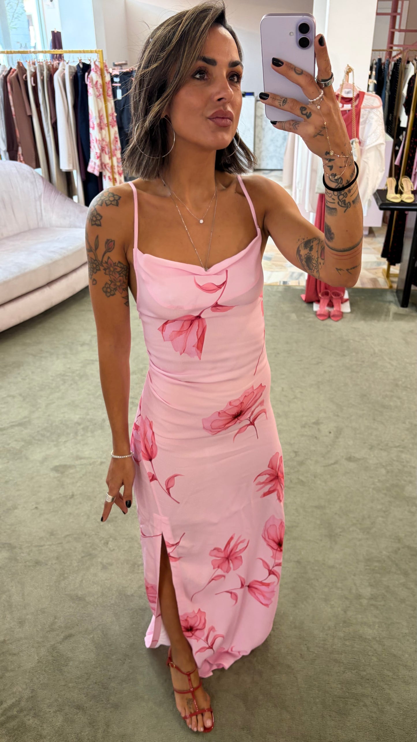 Abito kelly lungo MAR DE MARGARITAS rosa con fiori fucsia