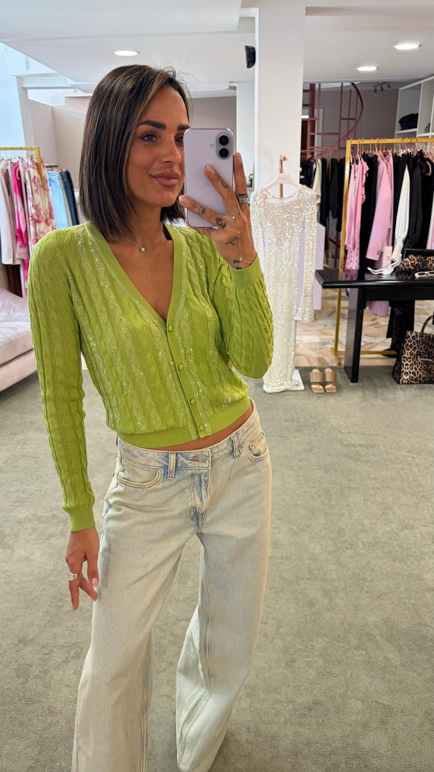 Cardigan verde lime a trecce crystal fr
