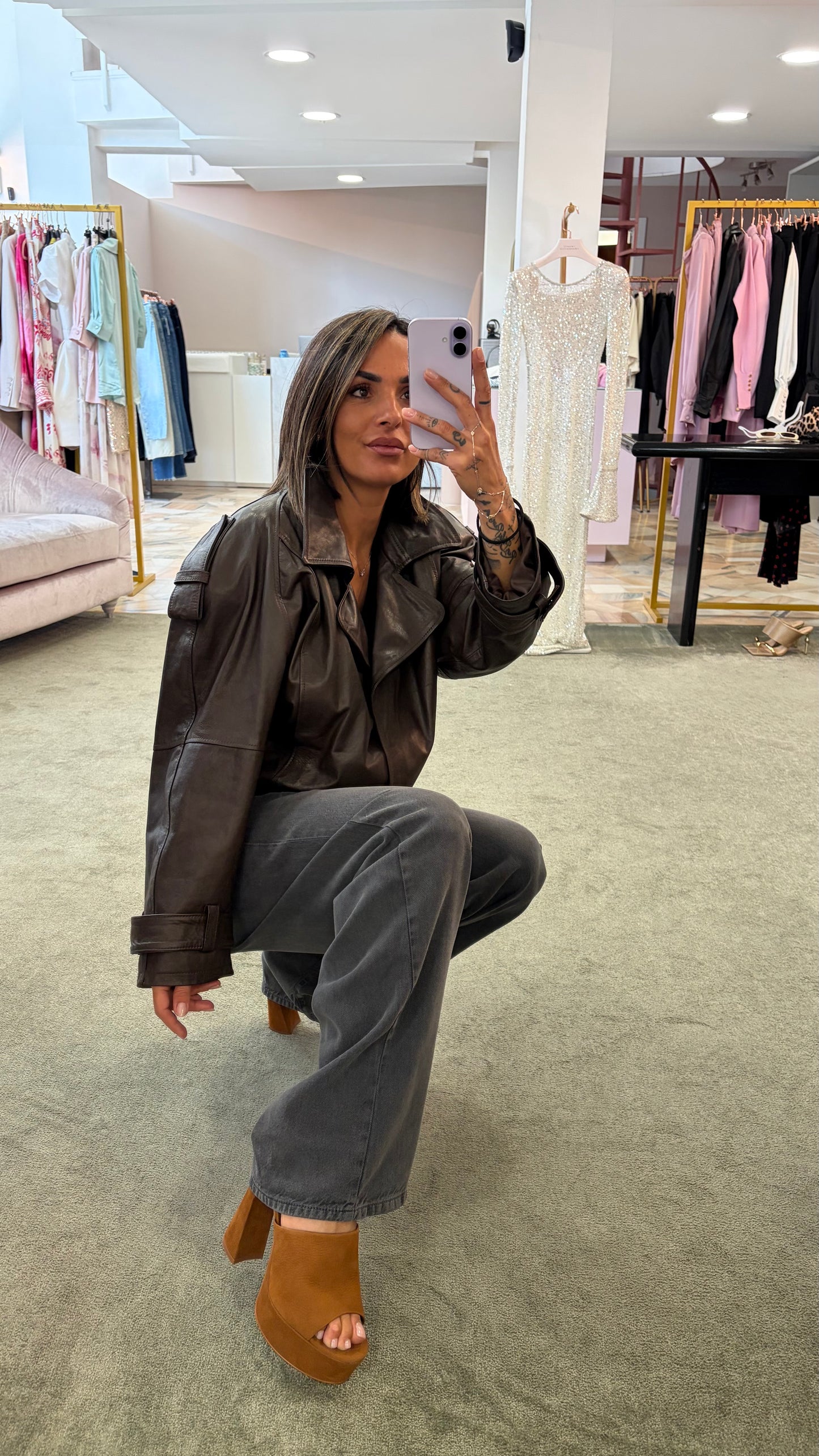 Giacca chiodo crop marrone in pelle vera Marsem