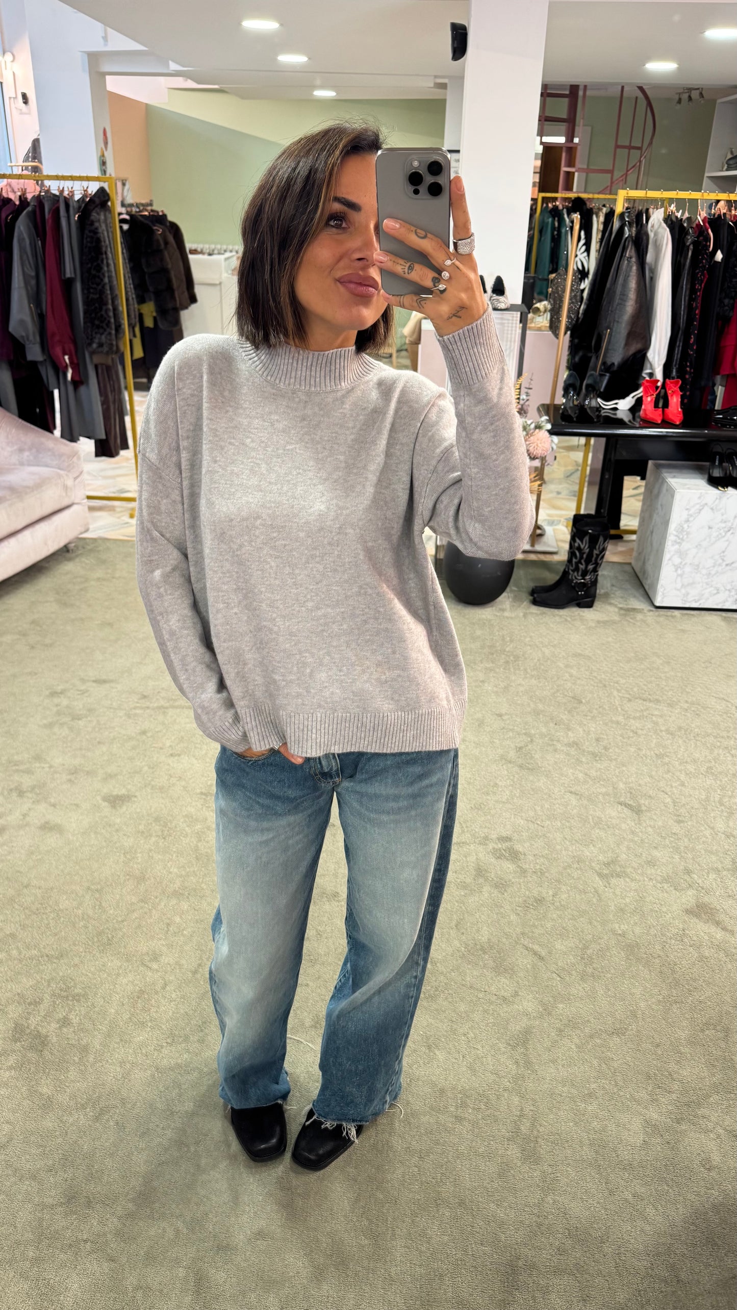 Maglione lupetto grigio perla a scatola tk