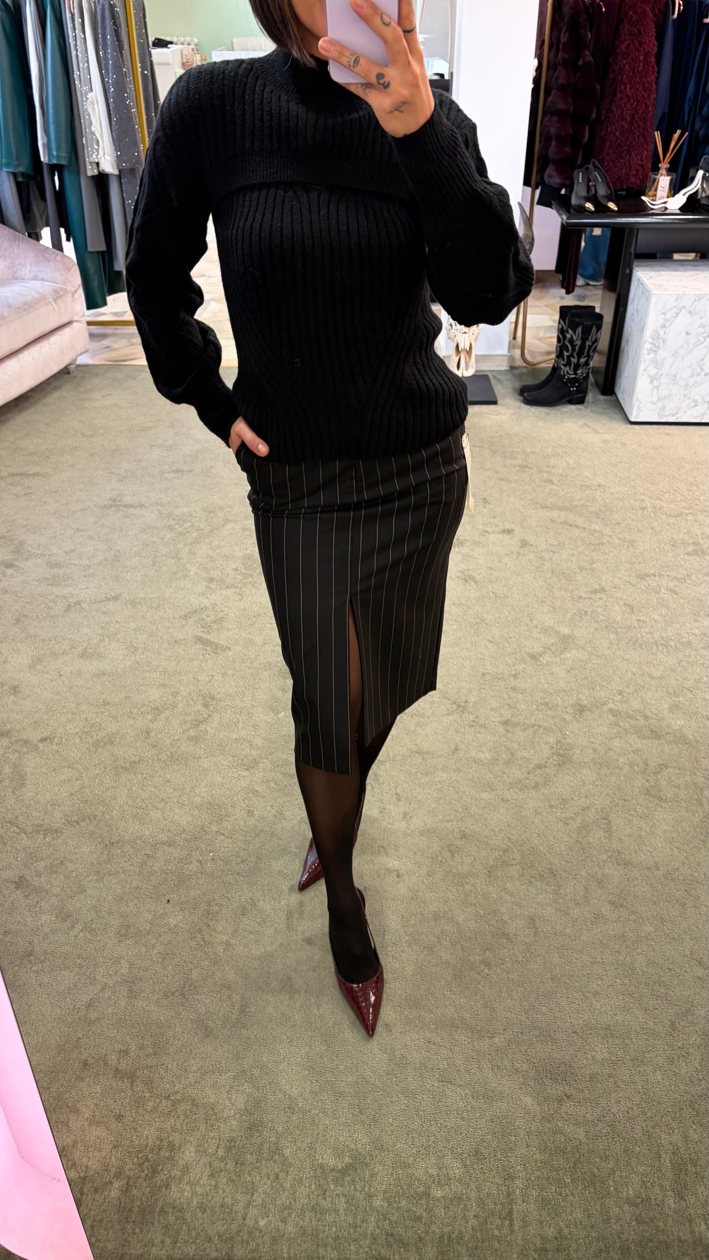 Gonna longuette MAR DE MARGARITAS nera gessata con spacco