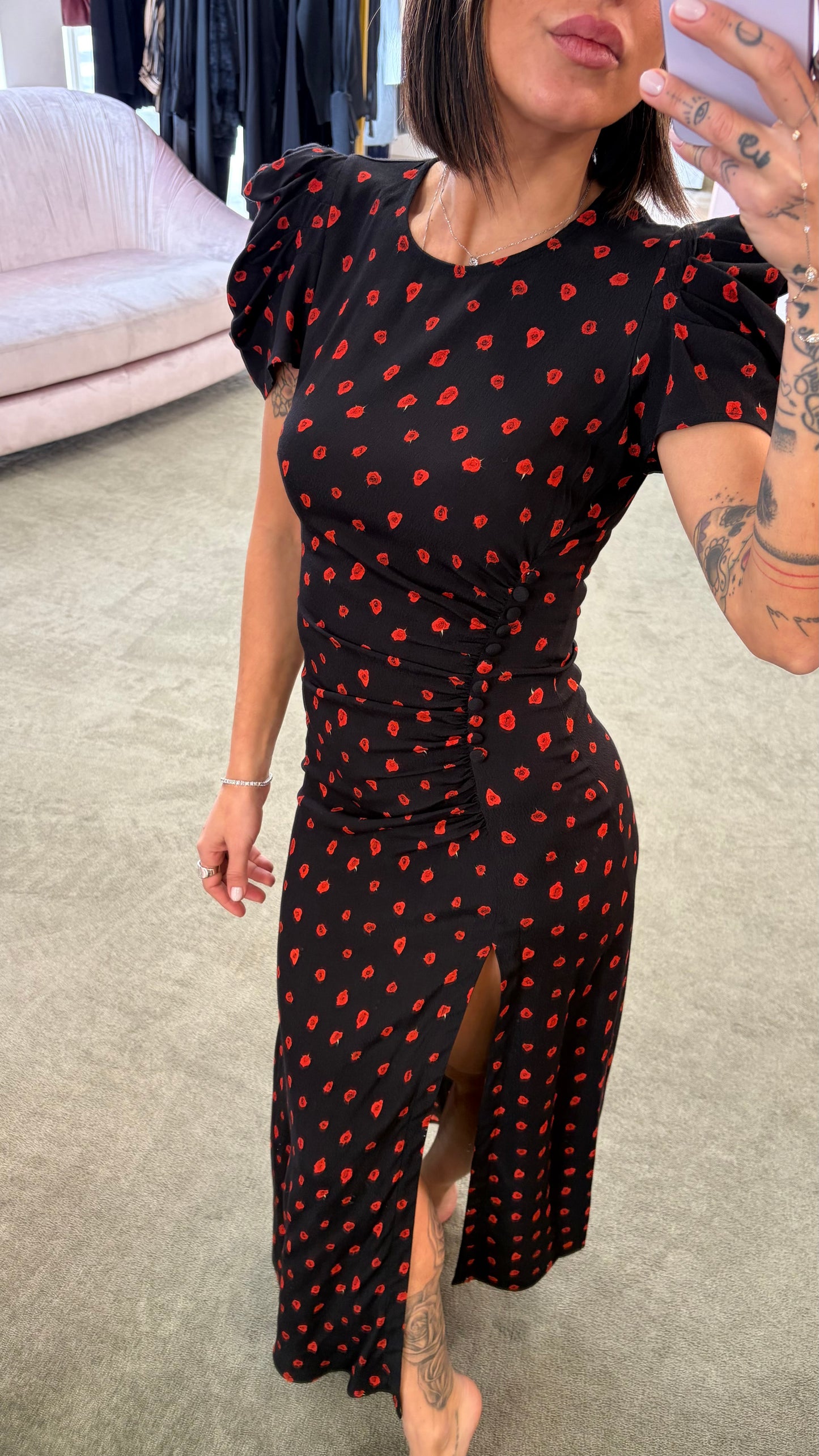 Abito kristel midi MAR DE MARGARITAS nero con fiorellini rossi