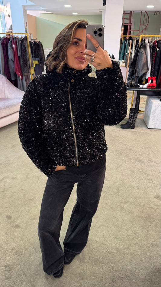 Piumino bomber nero con paillettes fr