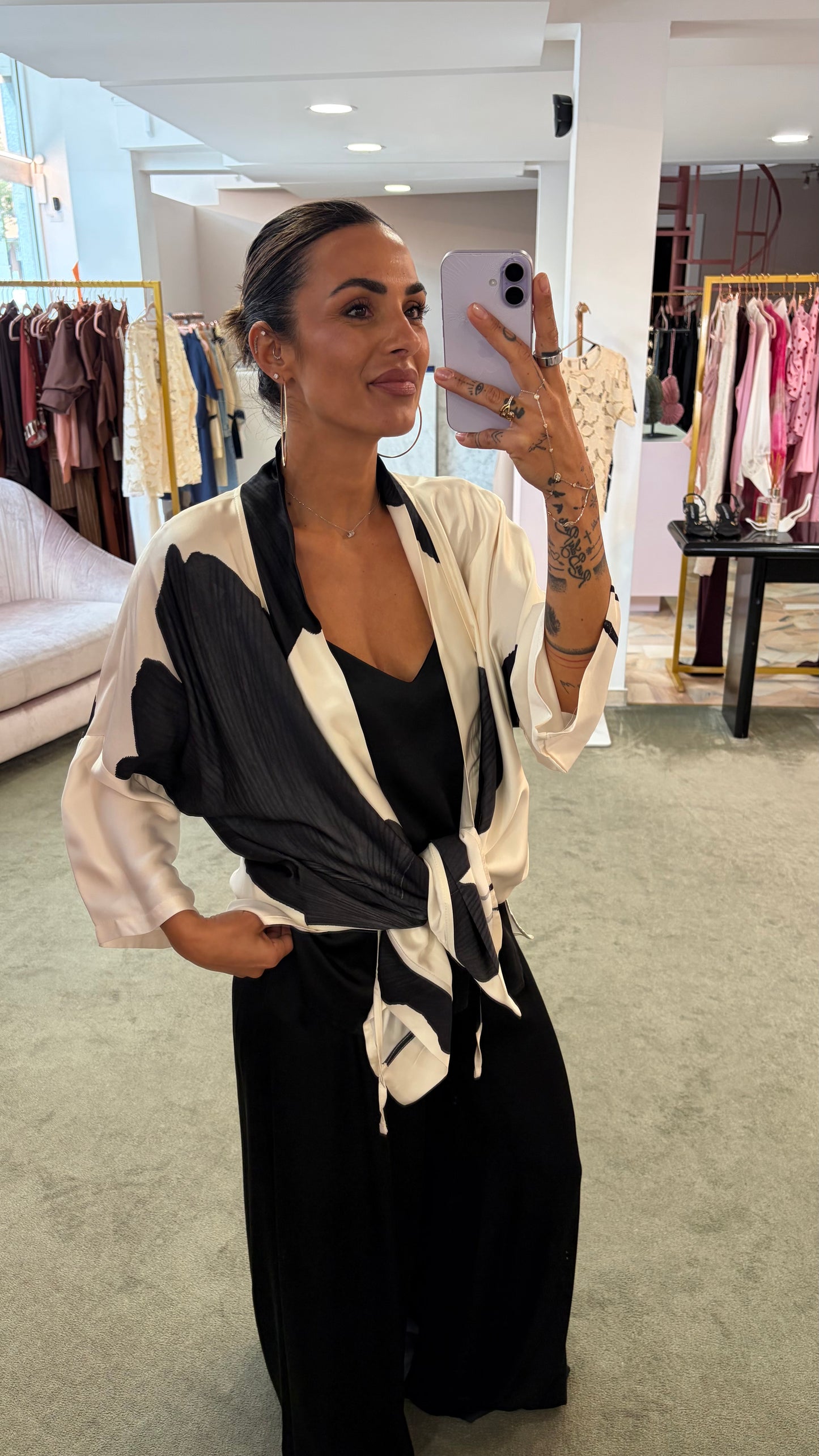 Kimono panna fantasia foglie nere ay