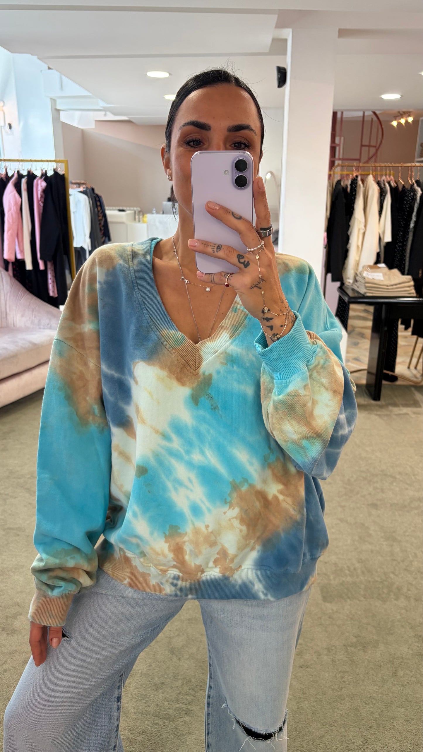 Felpa azzurra tie-dye scollo a v Don't@Me