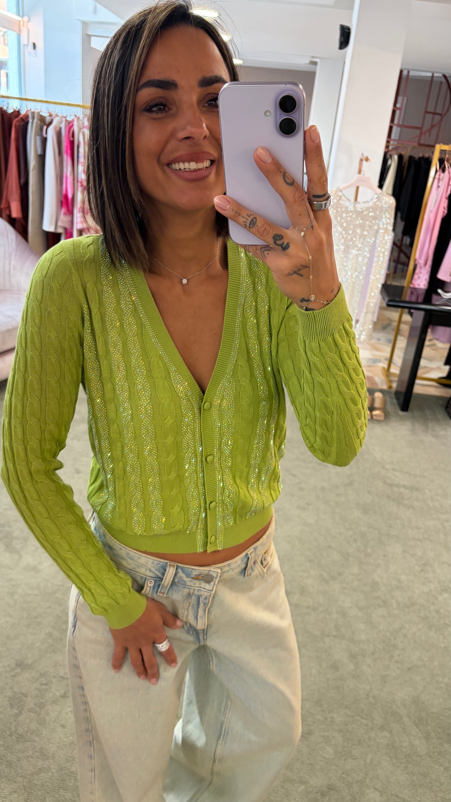 Cardigan verde lime a trecce crystal fr