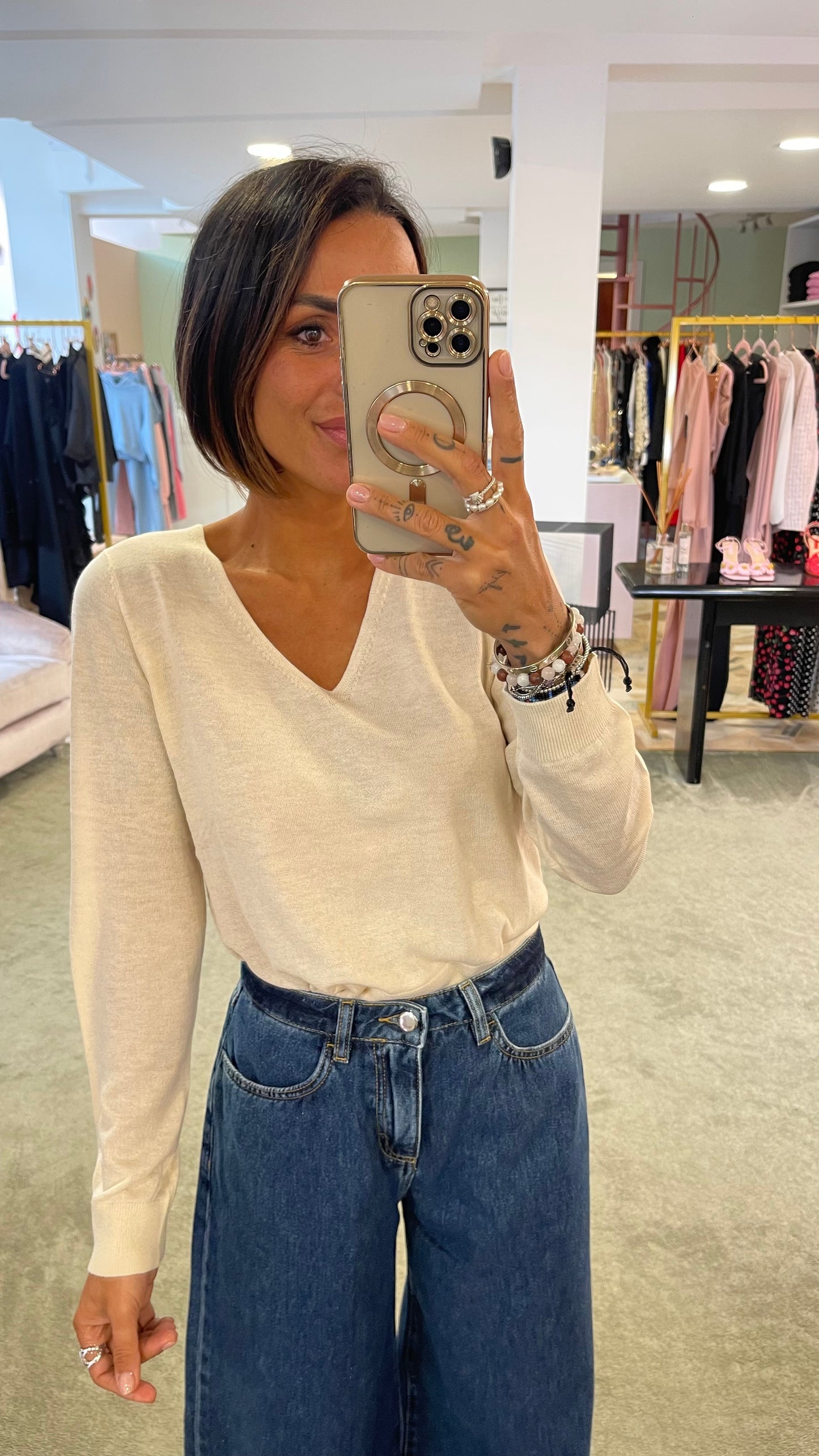 Maglione scollo a v panna jx