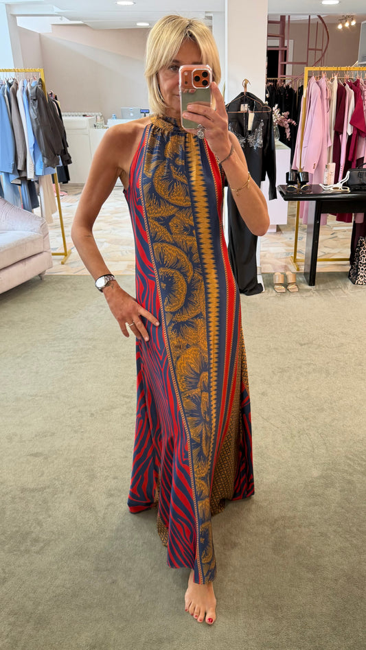 Abito lungo blu fantasia scollo all'americana ay