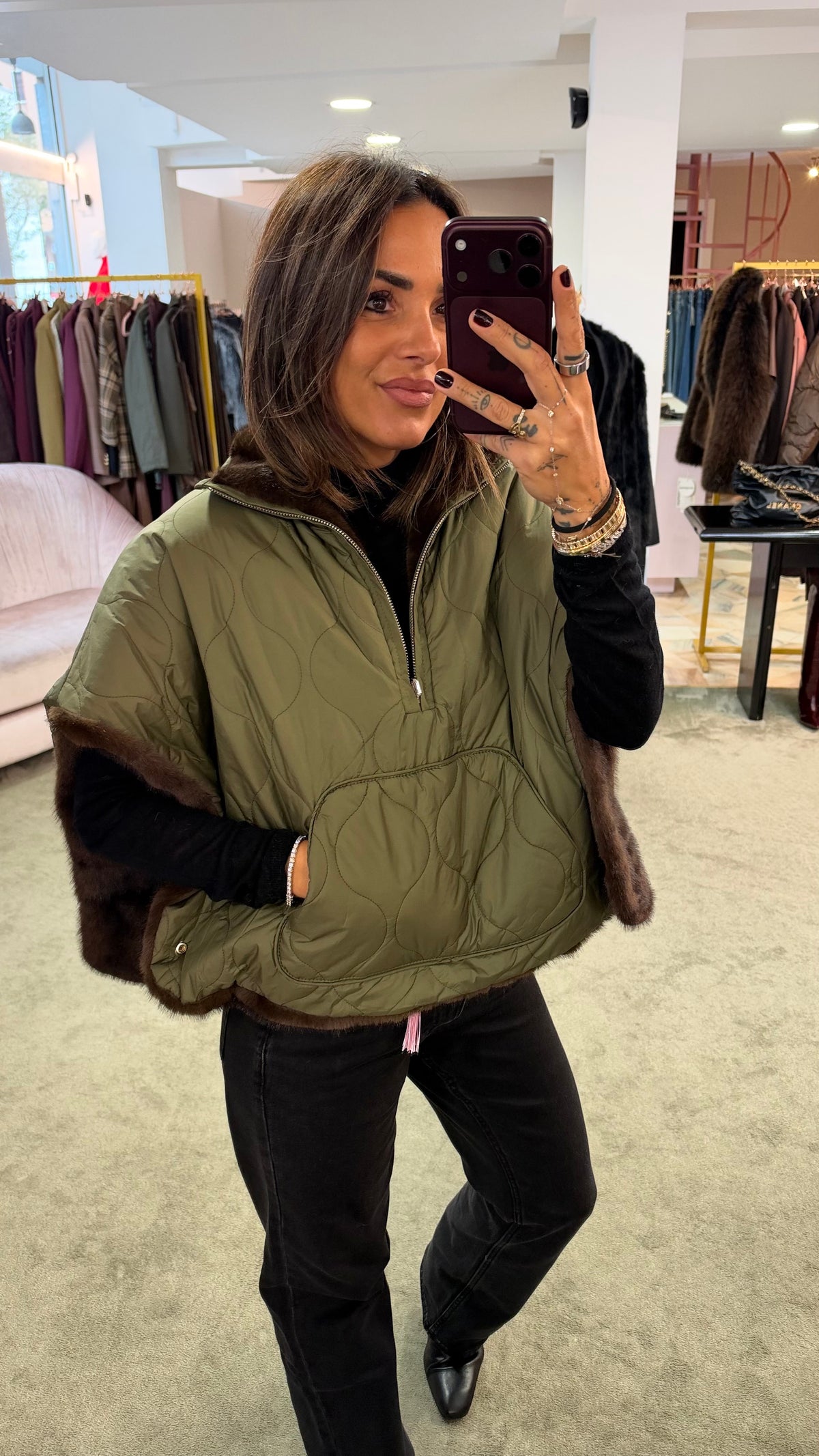 Cappa verde militare reversibile con eco pelliccia marrone sp