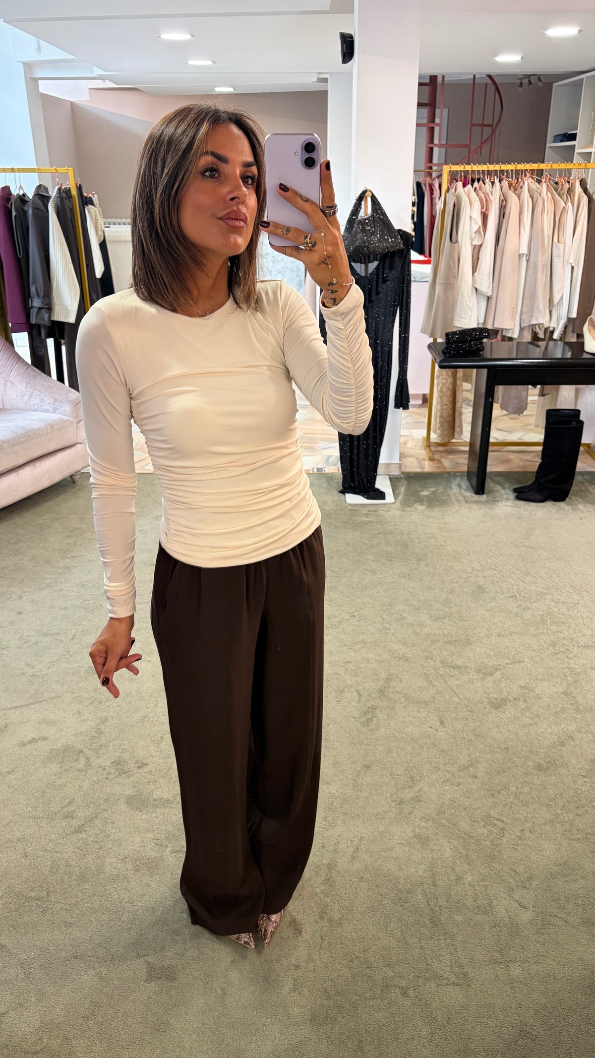 Pantaloni office marroni con elastico in vita sl