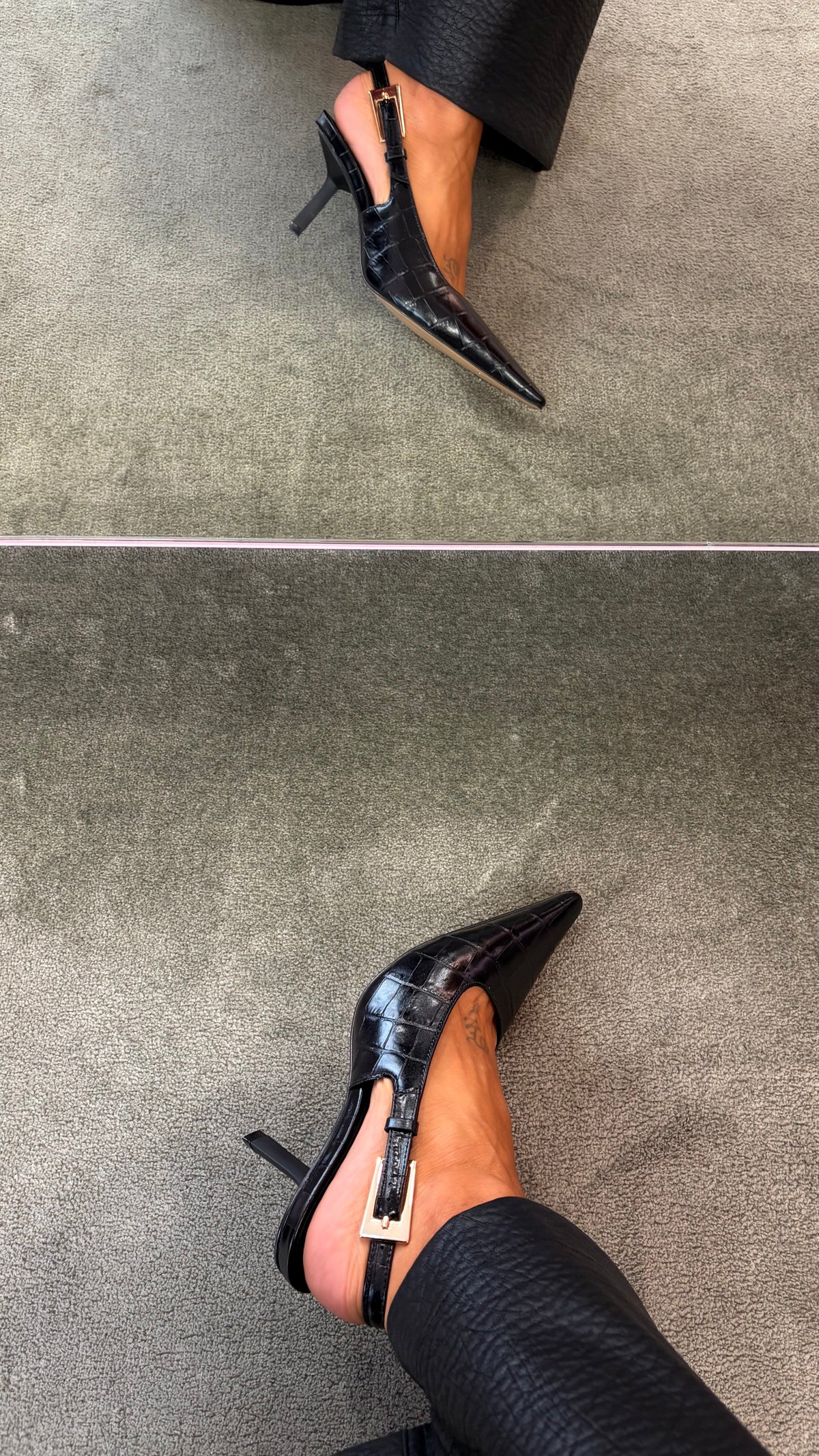 Slingback nera in pelle crocco con fibbia oro cr