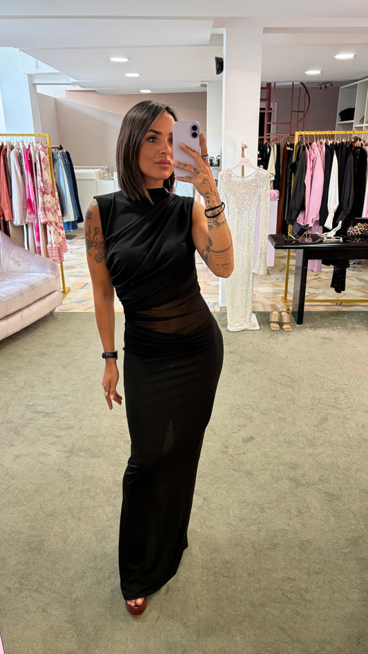Abito lungo nero arricciato con inserto trasparente ks