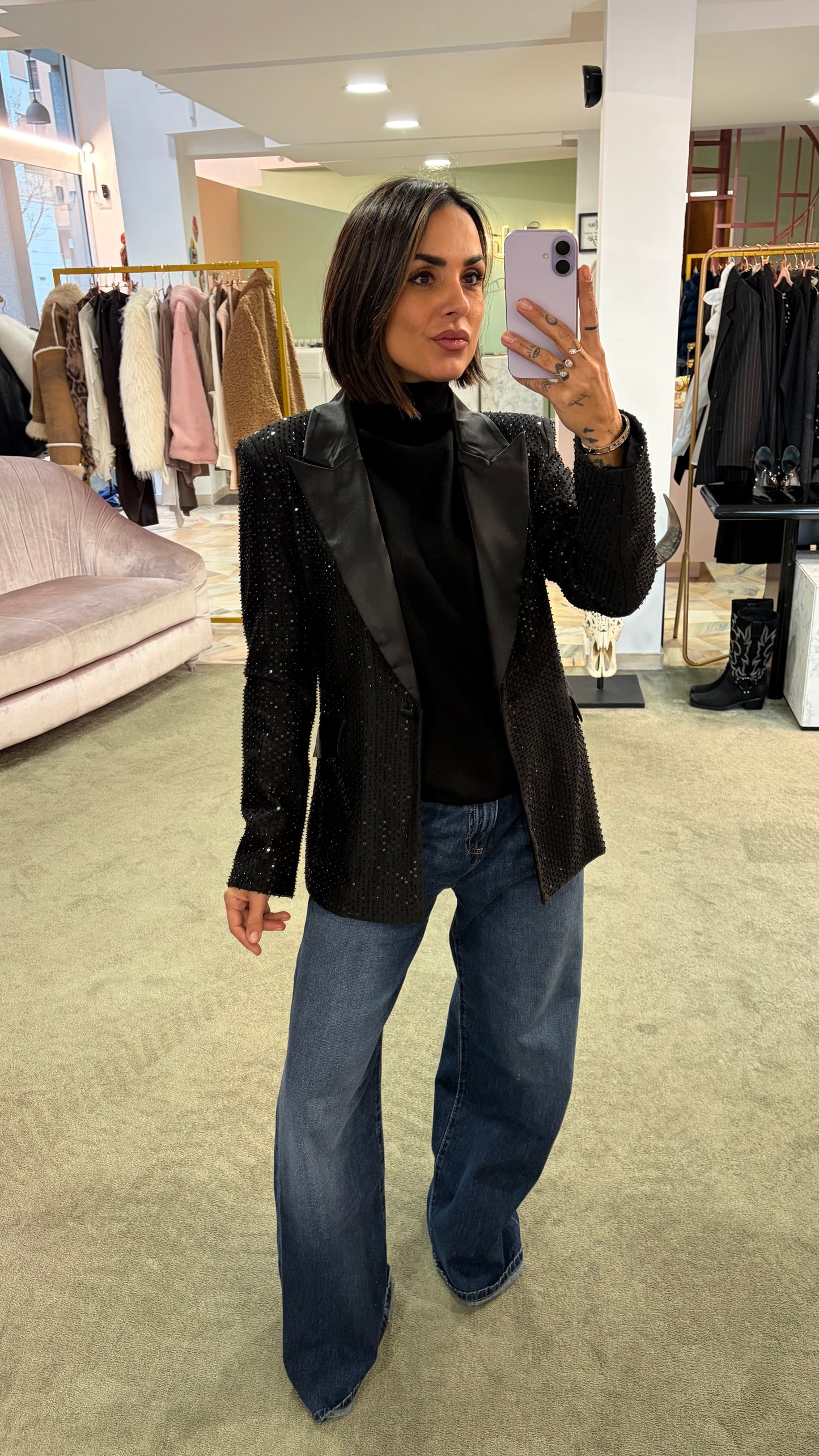 Blazer nero crystal con rever in raso fr