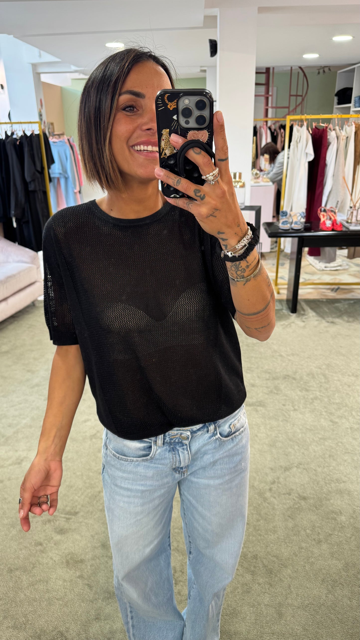 Maglia nera sottoggiacca manica corta in lamè fr