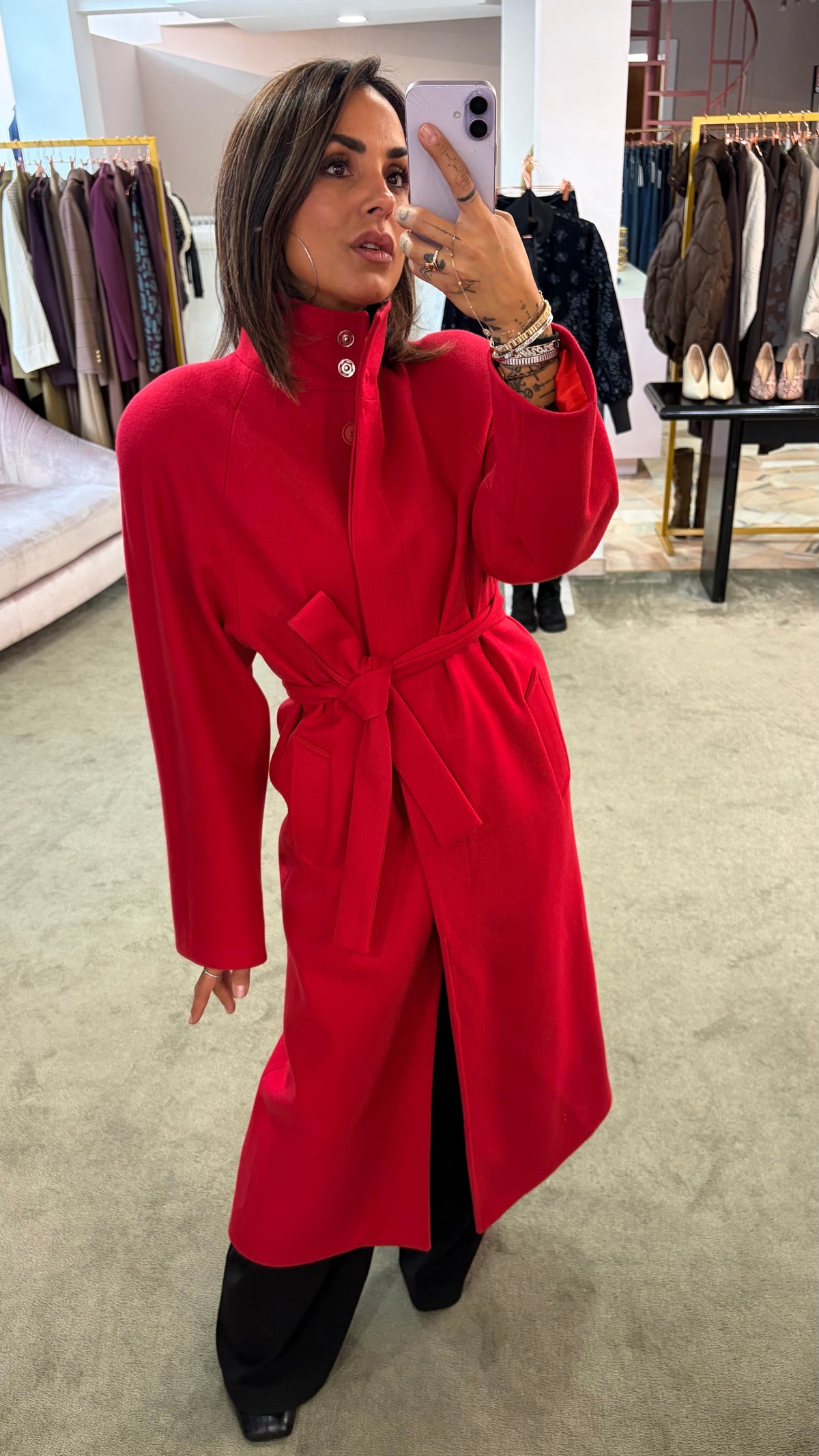 Cappotto lungo rosso con cintura Actualee