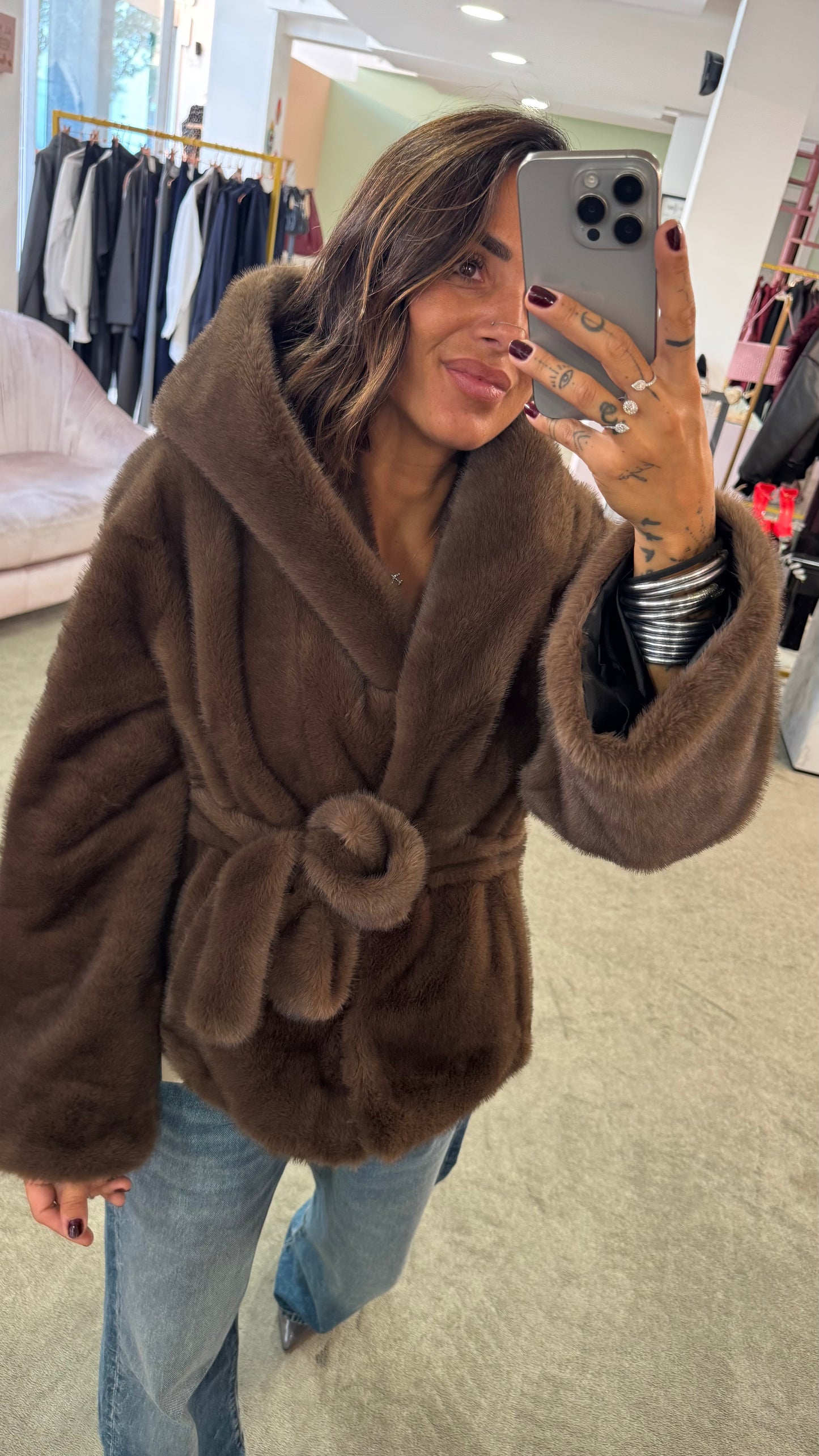 Pelliccia eco marrone luxury con cappuccio ys