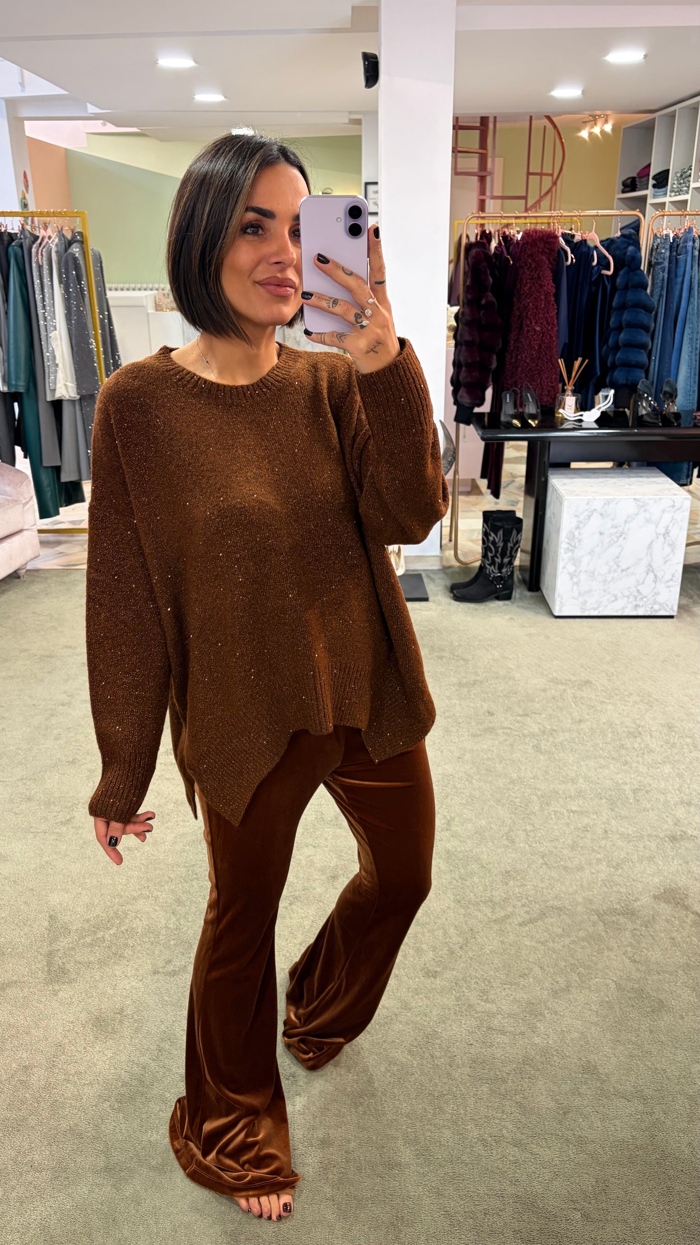 Maglione over marrone con micropaillettes bj