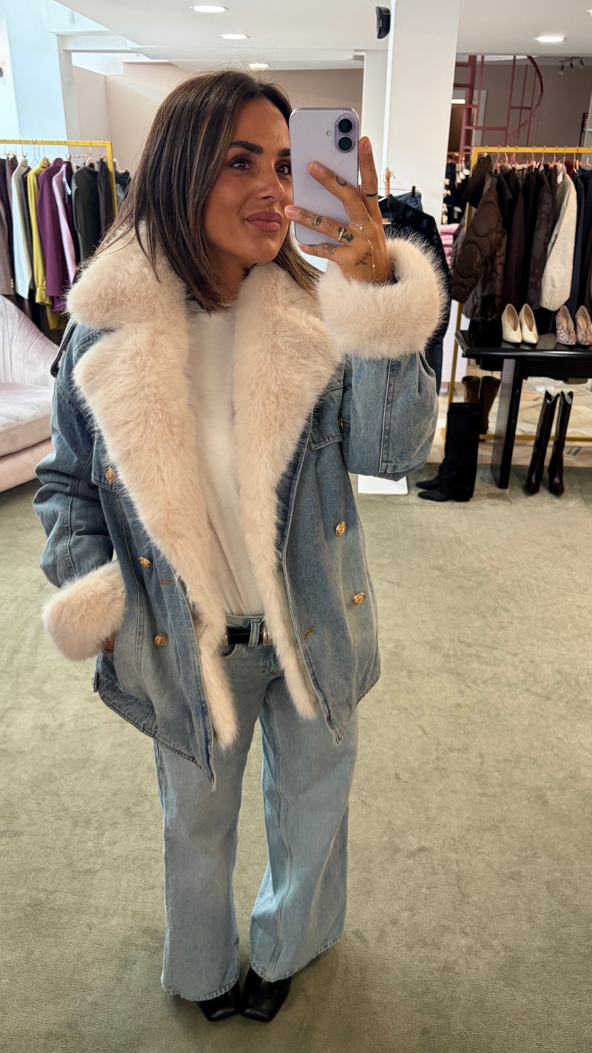 Giacca in denim con ecopelliccia panna fr
