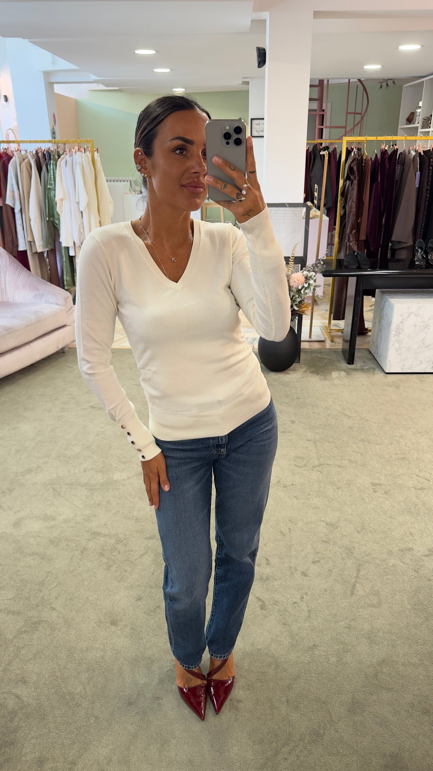 Maglione panna scollo a v in viscosa fr