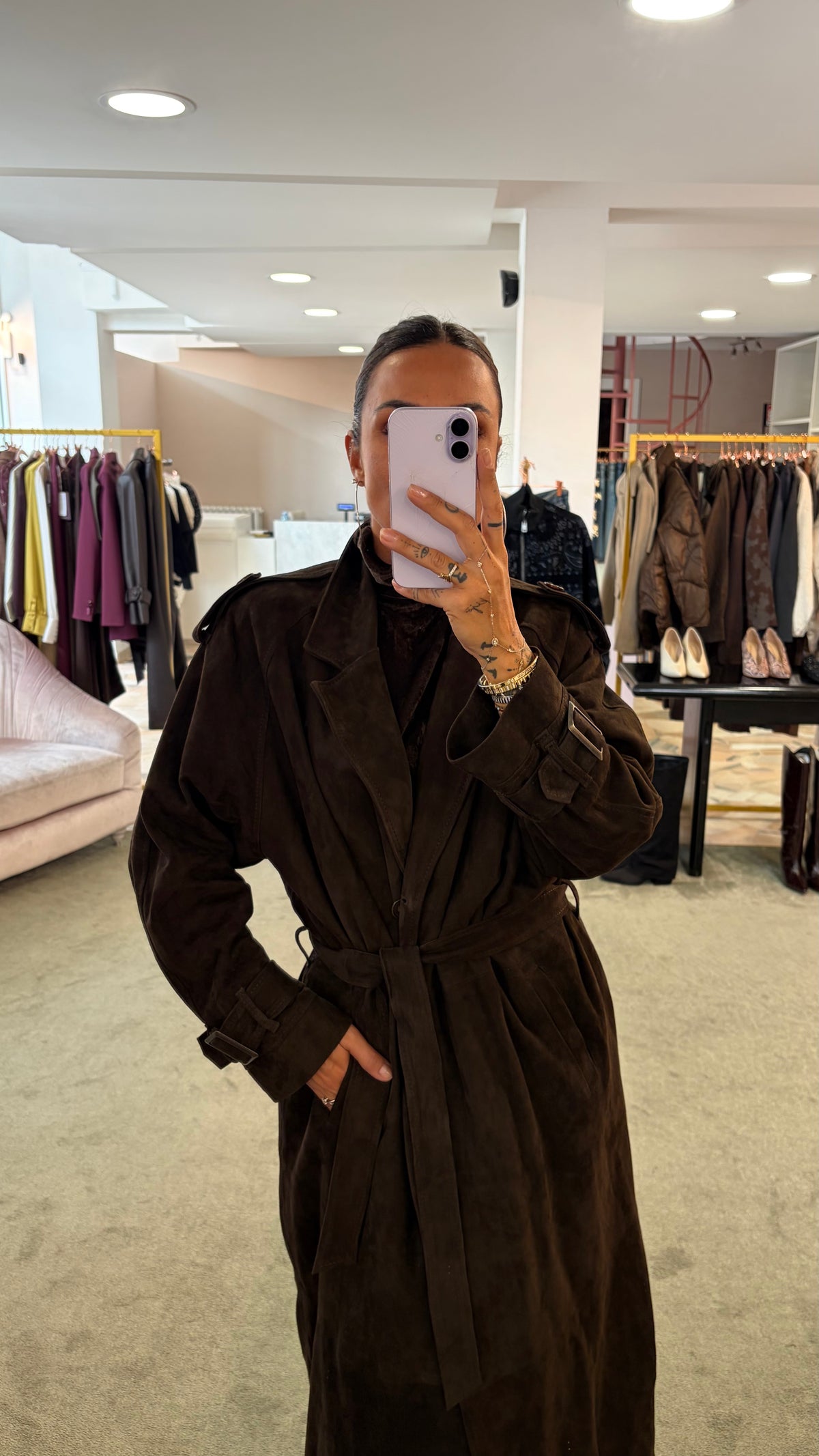 Trench marrone testa di moro lungo con cintura in pelle scamosciata Marsem