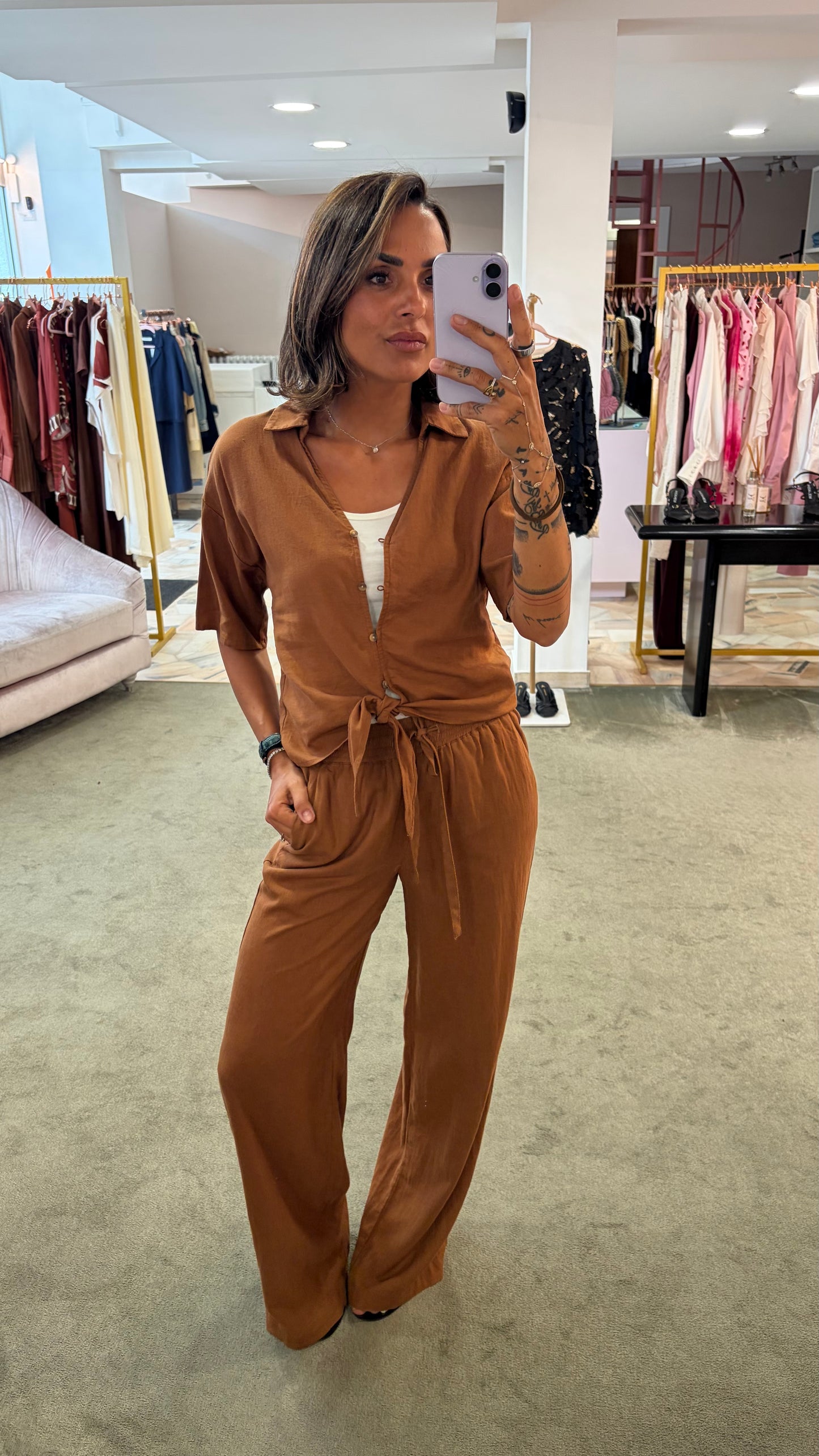 Pantaloni mattone in lino con elastico e coulisse in vita sy