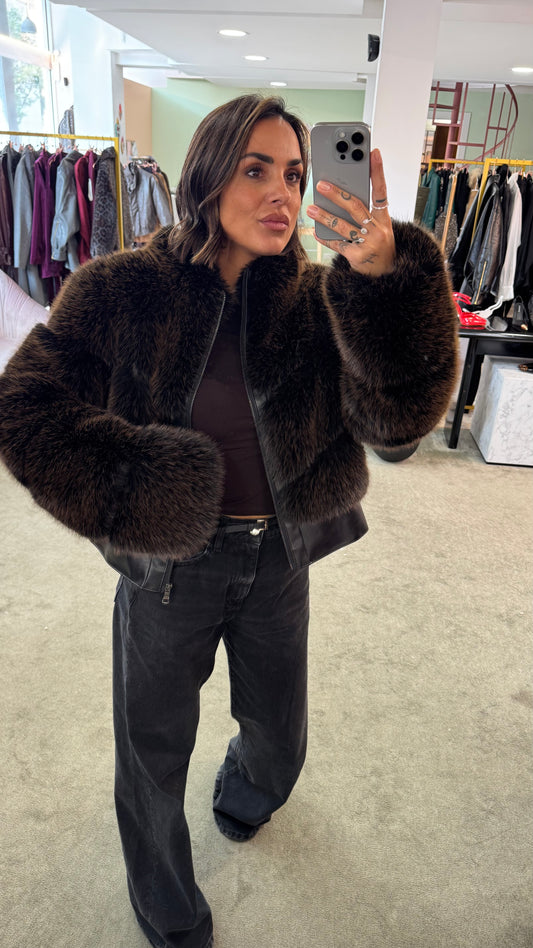 Bomber in pelliccia eco marrone luxury effetto fox un