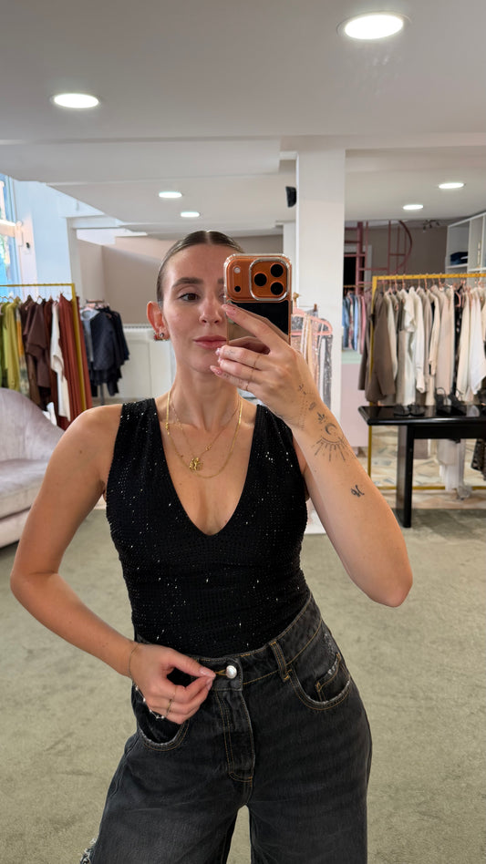 Body nero crystal smanicato scollo a v tw