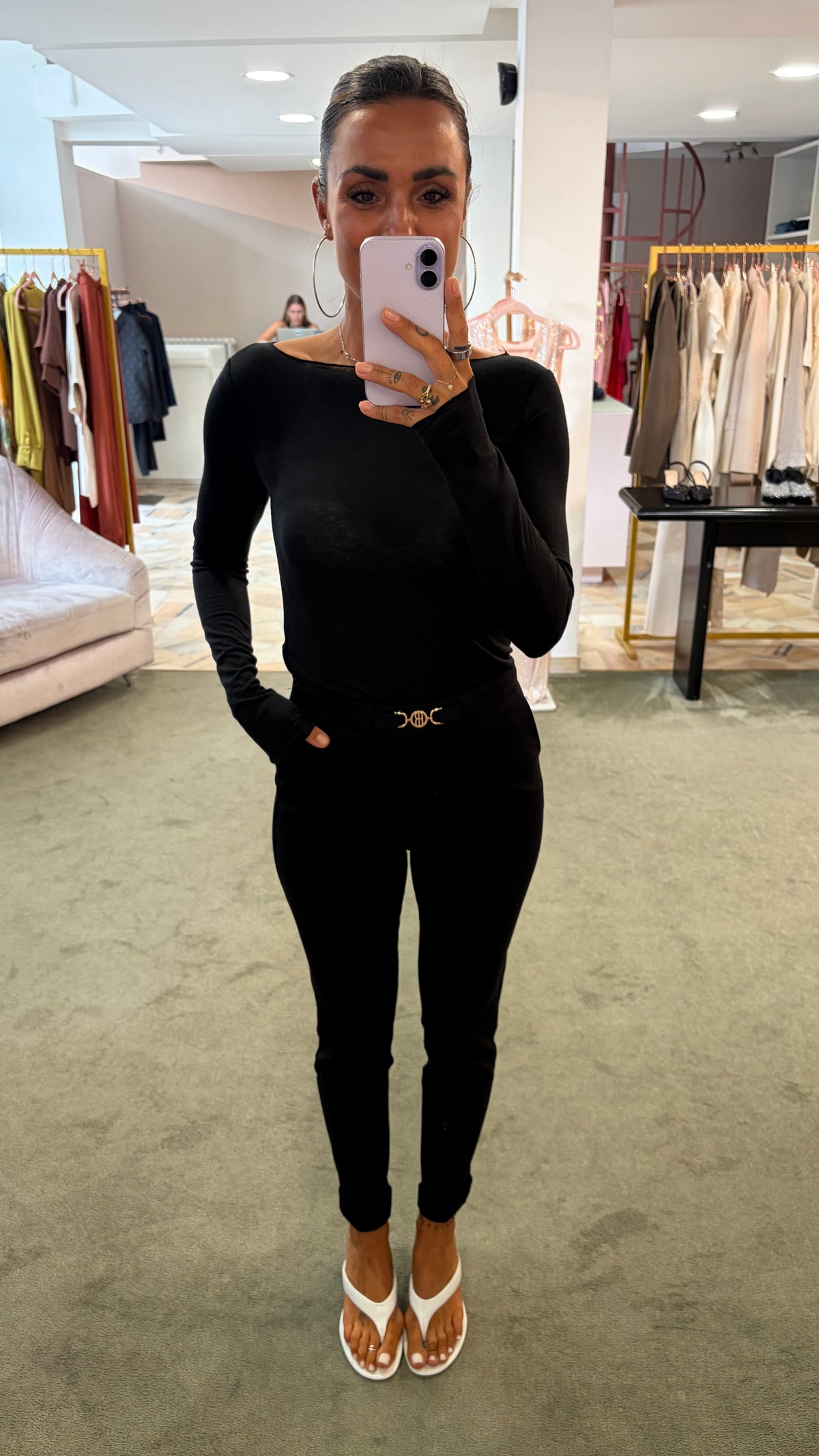 Pantaloni neri a sigaretta punto milano con cinturina fr