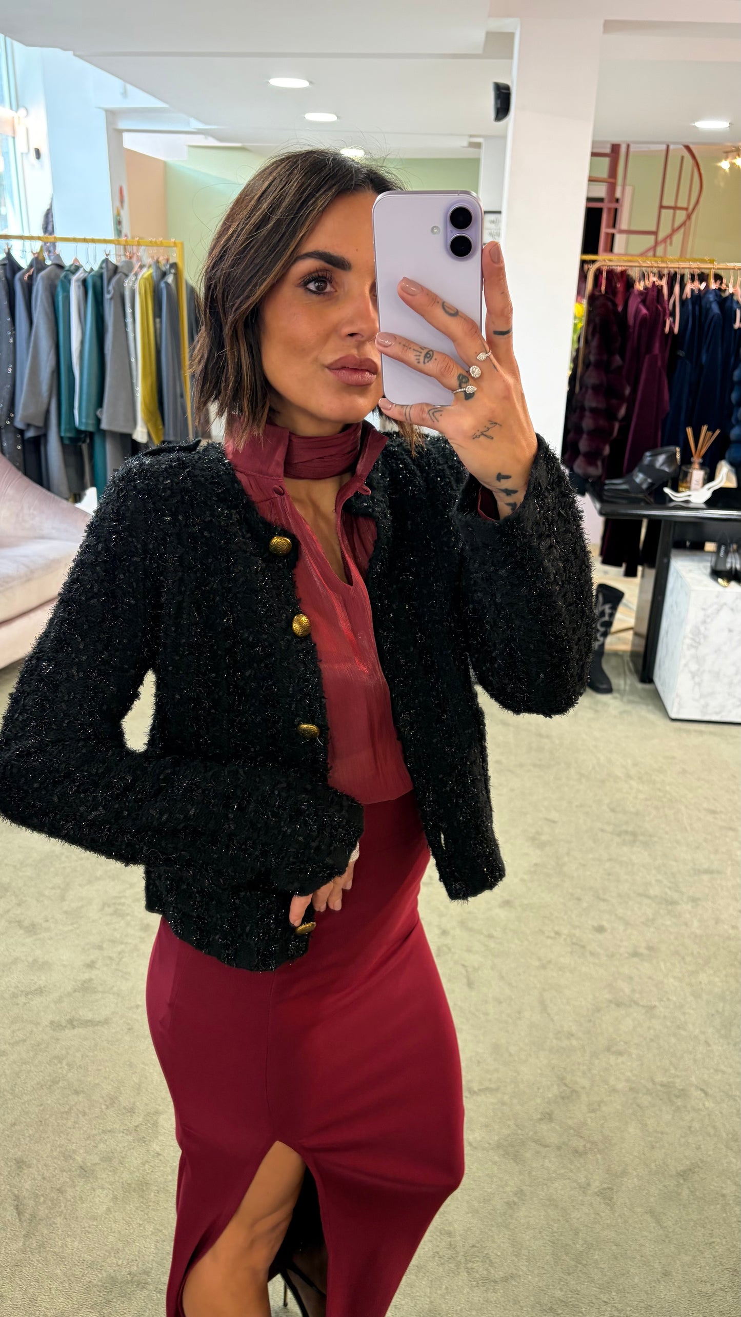 Maglione giacchetta nero in lurex con bottoni oro gl