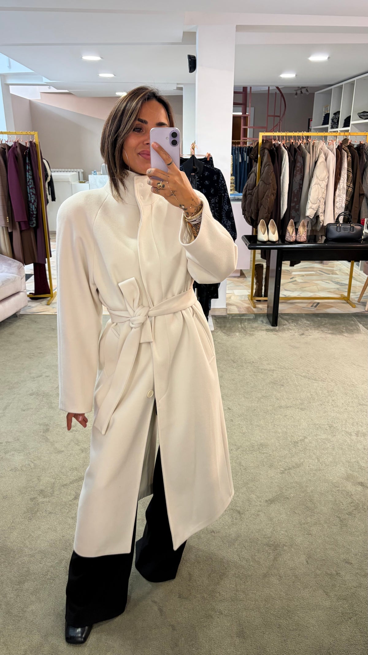Cappotto lungo panna con cintura Actualee