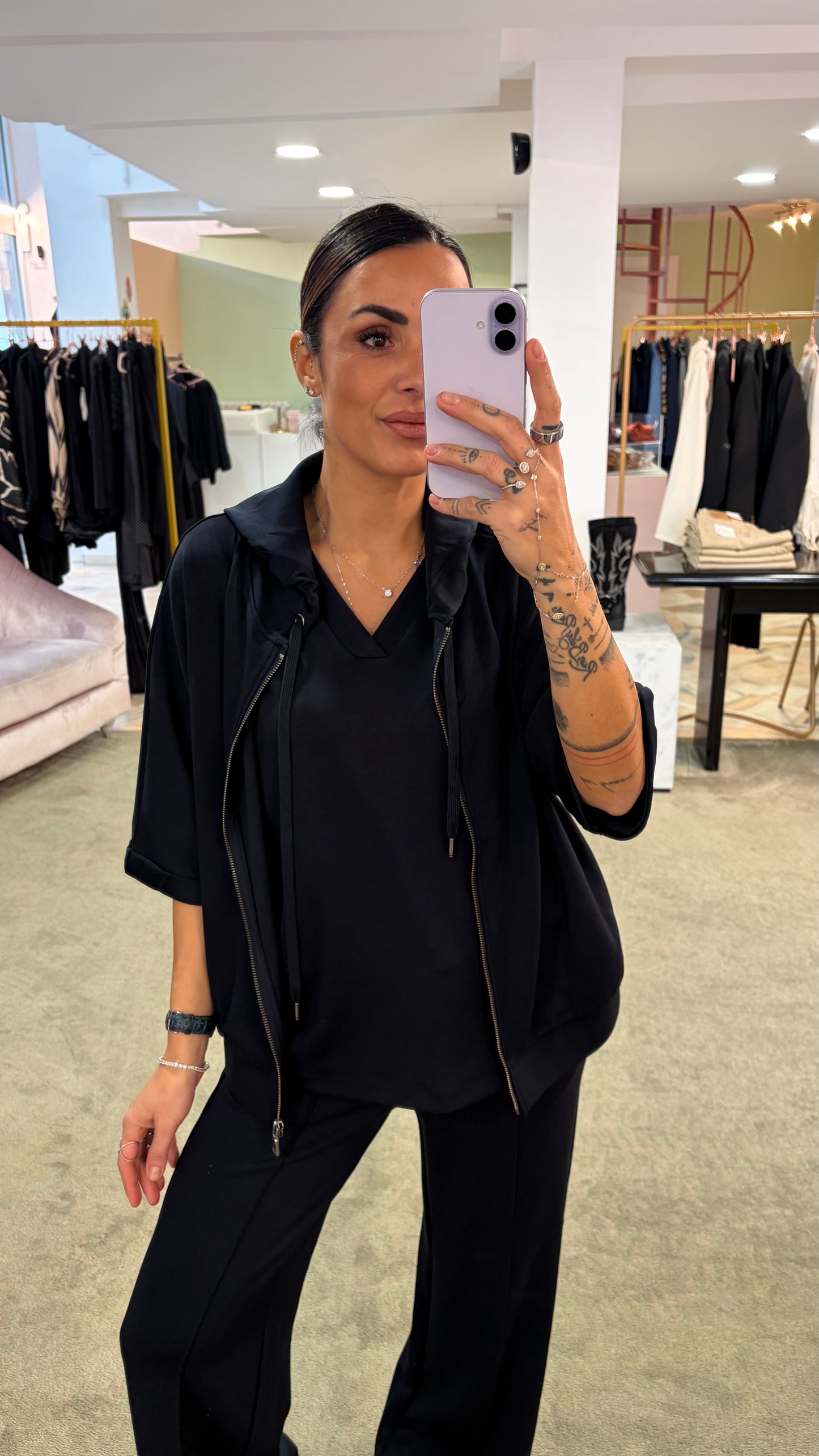 Felpa blu notte in modal mezza manica con cappuccio sy